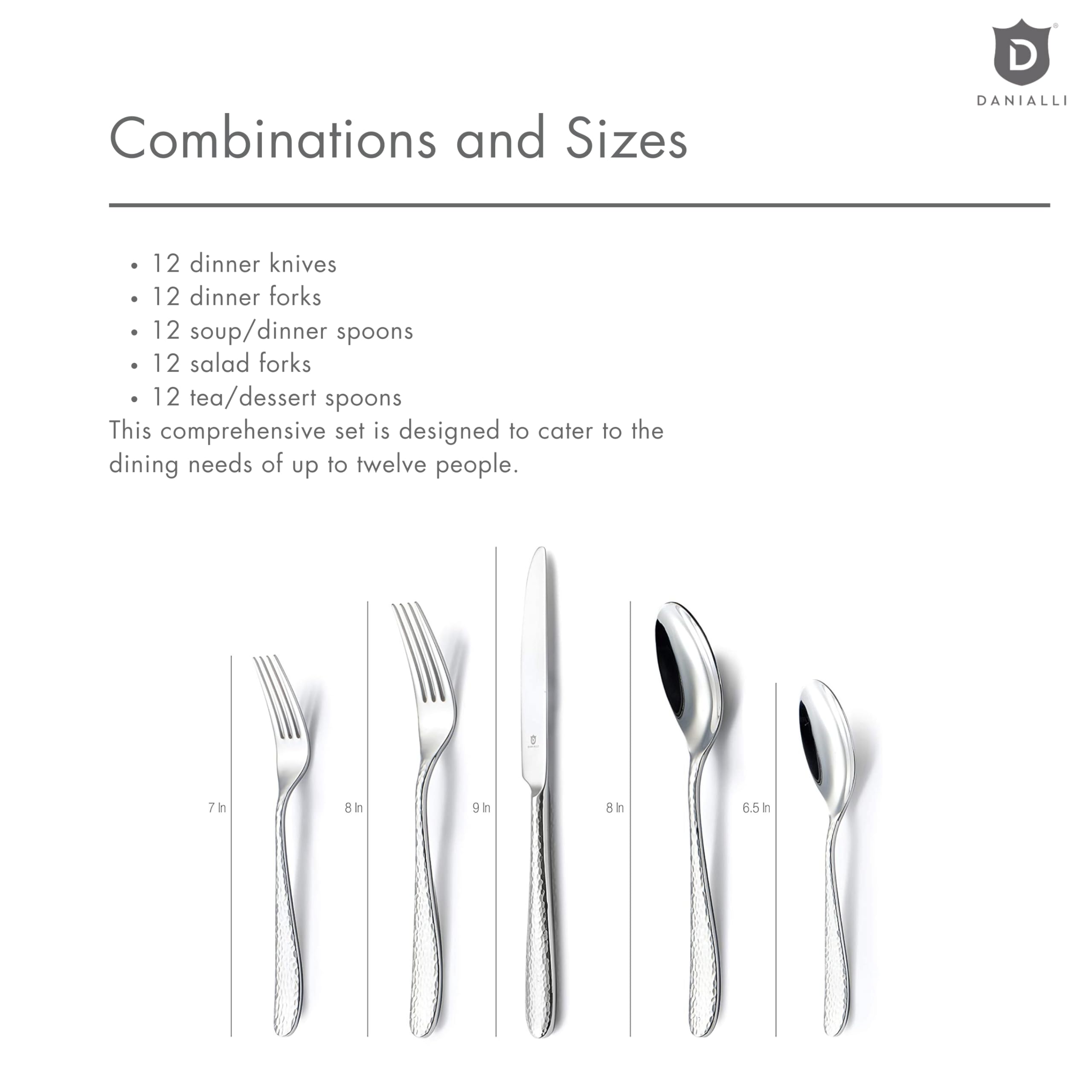 DANIALLI Hammered Silverware Set | Premium 18/10 Stainless Steel Flatware Service for 12 | Heavy-Duty & Dishwasher Safe | Built to Last (60-Piece, Fidenza Hammered)