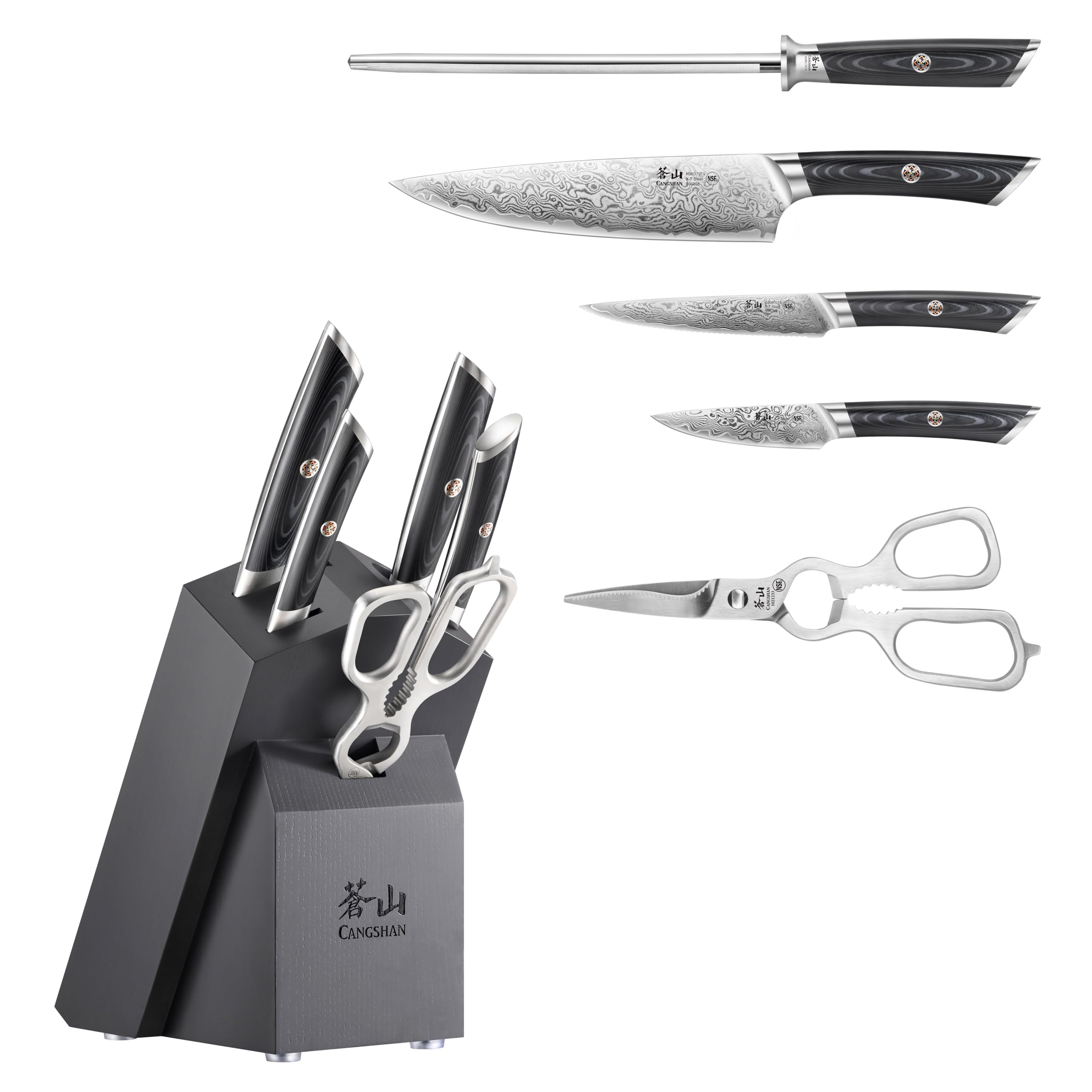 Cangshan KURO Series 6-Piece Knife Block Set, High Carbon X-7 Damascus Steel, Gray, 504333