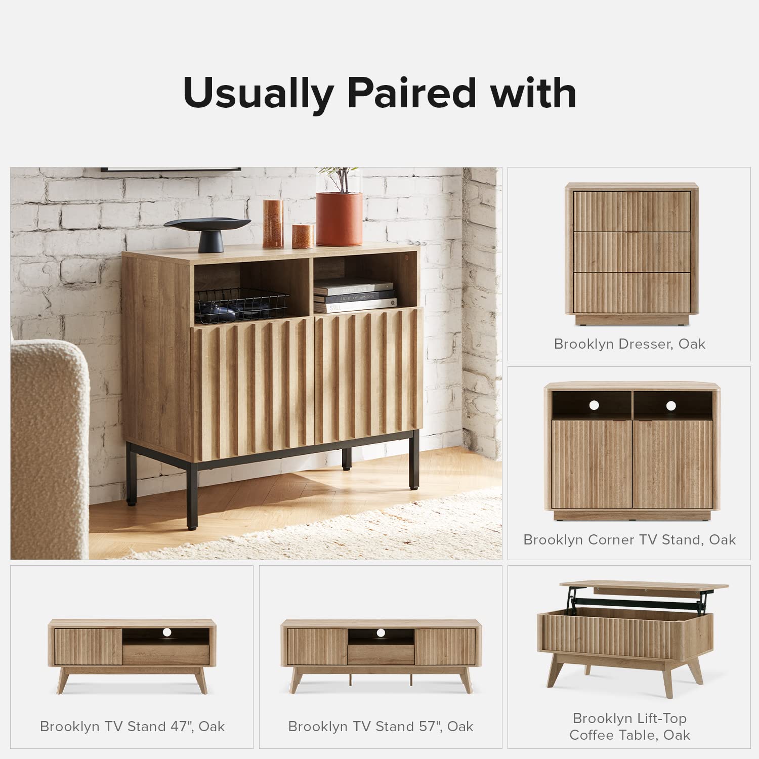 mopio Norwin Storage Cabinet, Sturdy Modern Rustic Industrial Buffet Sideboard, Fluted Accent Storage Cabinets, Credenza, Oak Wood TV Stand, Entertainment Center, Media Console, Living Room (Double)
