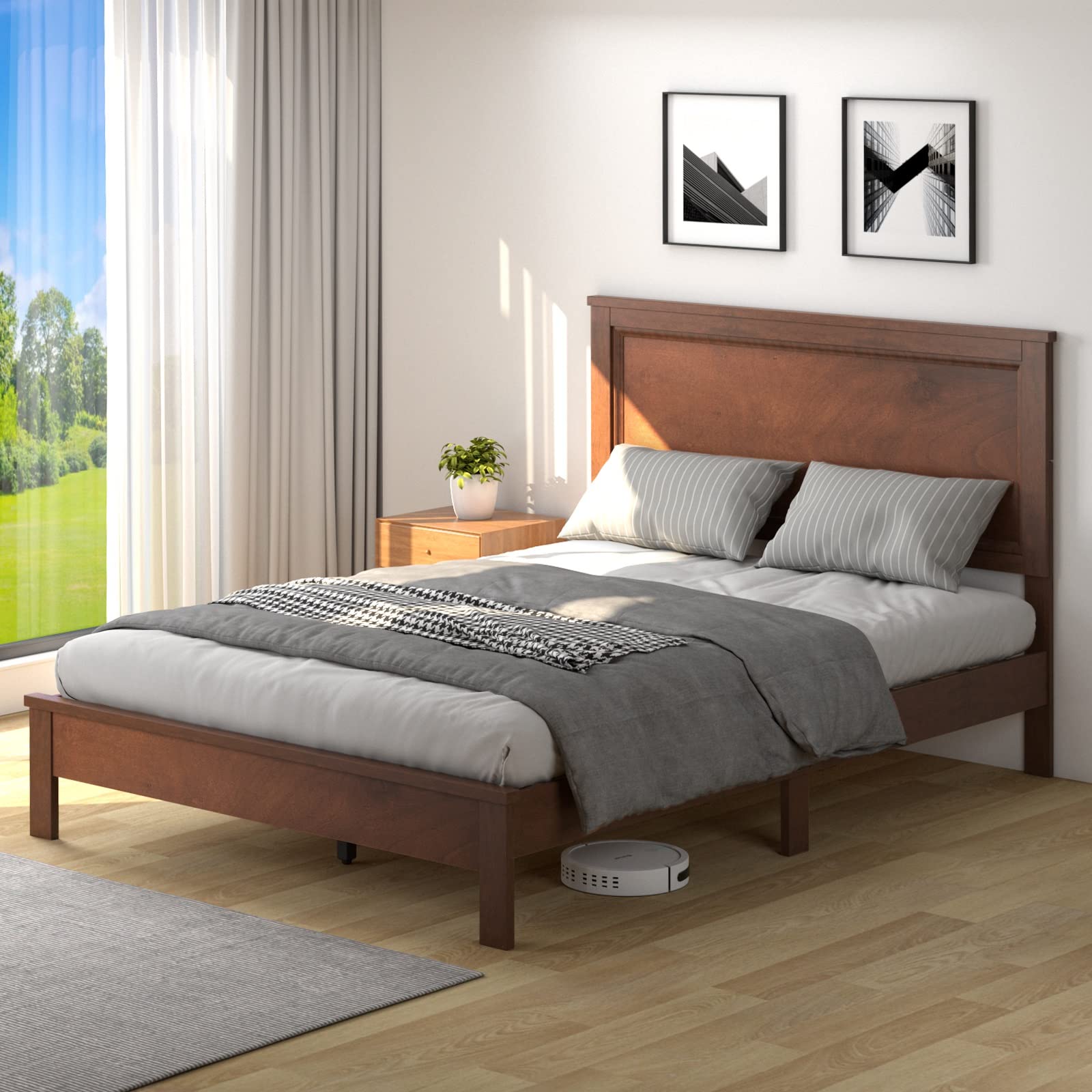 KOMFOTT Full Size Wood Platform Bed Frame with Headboard, Wooden Mid Century Platform Bed with Slat Support & Under Bed Storage, Mattress Foundation Bed Base, No Box Spring Needed, Walnut