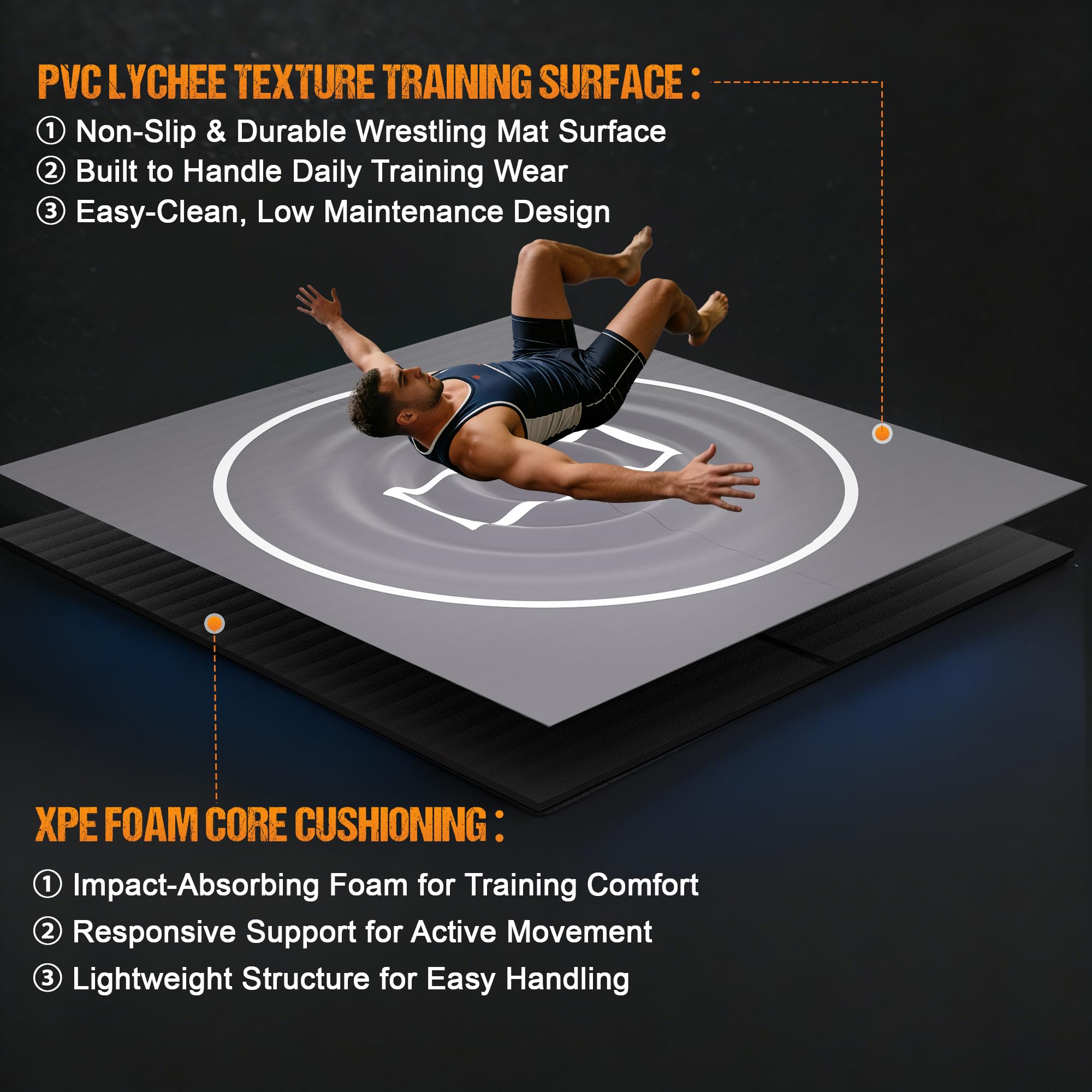 GianToucan Wrestling Mat for Home, ８’x ８’x 1.25” Grappling Mat for Wrestling, MMA, BJJ, Jiu Jitsu, Judo, Gym, Roll-Up Wrestling Practice Mat for Kids & Adults，Easy to Clean Indoor/Outdoor, Gray