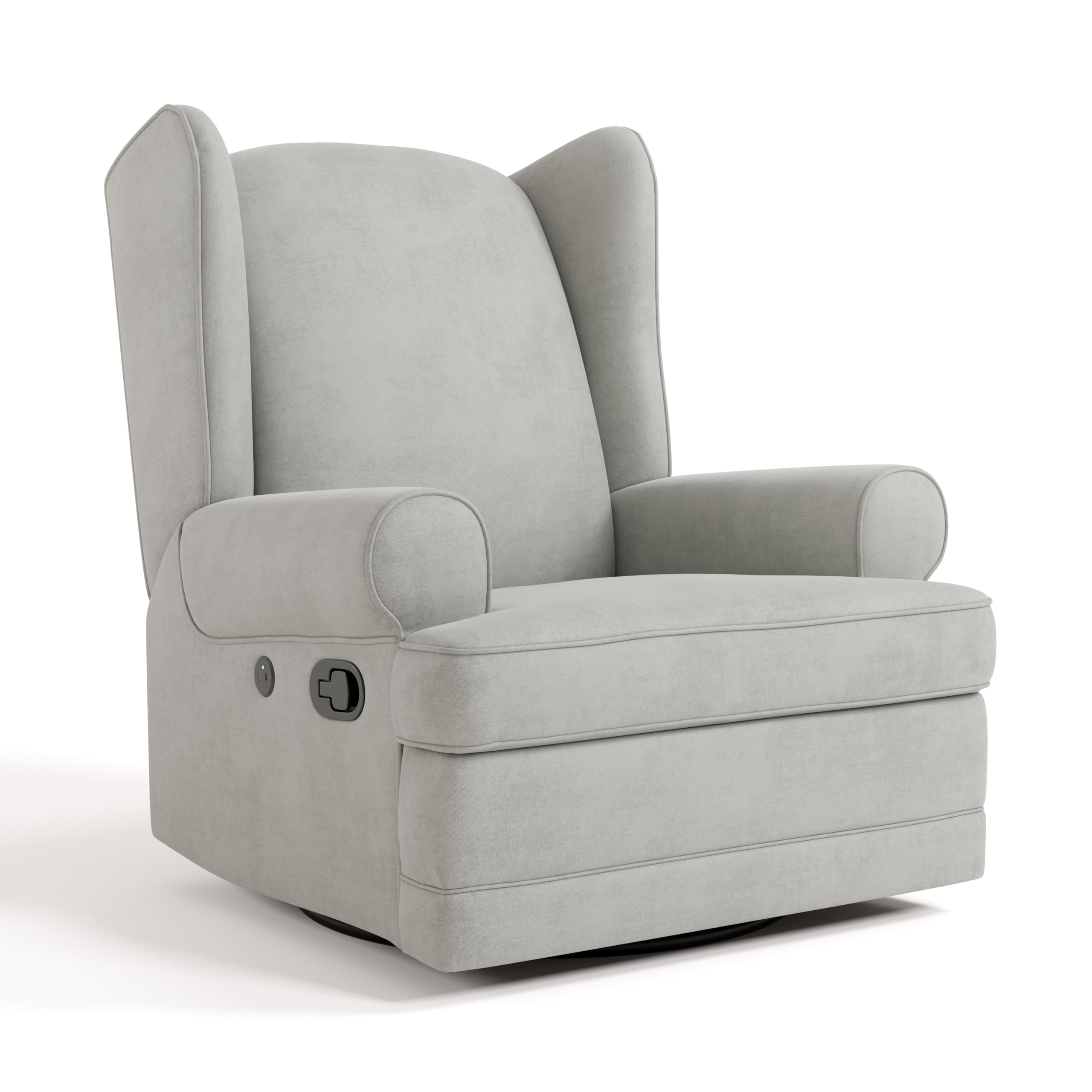 Storkcraft Serenity Upholstered Swivel Glider with USB Charging Port (Steel) – Fully Upholstered Wingback Nursery Glider Recliner with Manual Recline Function, Rocking Chair, 360 Swivel Base