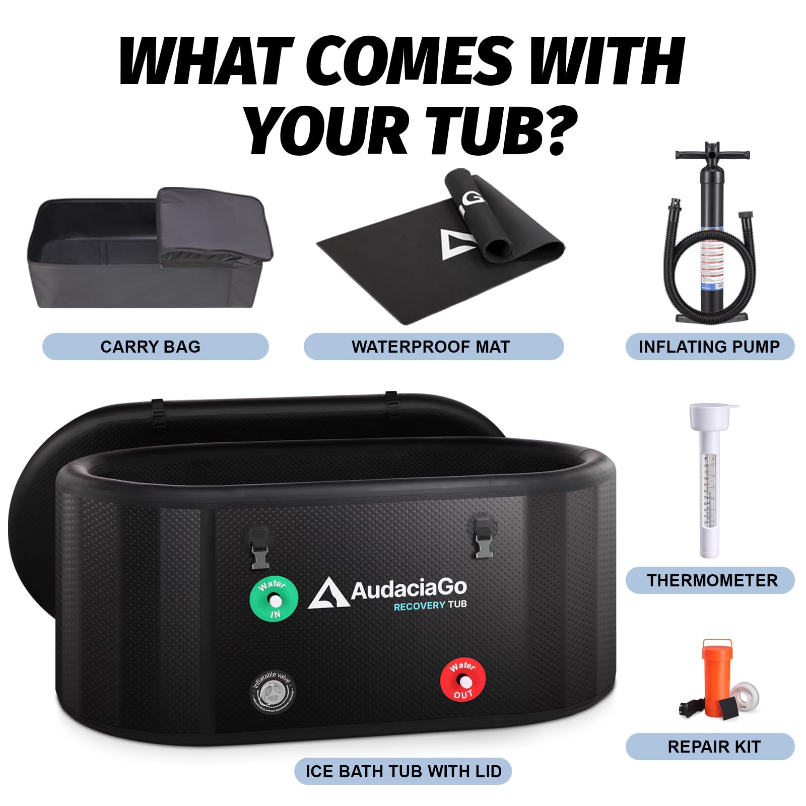 XXL Ice Bath Tub for Athletes, Compatible with Water Chillers, 216-Gallon Inflatable Cold Plunge Tub with Insulated Lid, Thermometer, Water-Absorbent Mat, Portable for Outdoor & Indoor Recovery