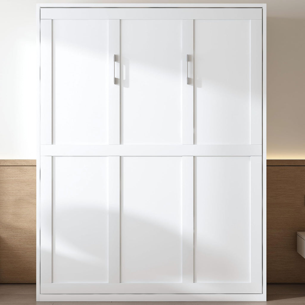 KEIKI Queen Size Murphy Bed Chest, Sapce Saving Folding Cabinet Wall Bed Frame, Foldable Hideaway Cabinets Platform Beds Frames for Apartment Bedroom Guest Room, Wood Slats Support, White