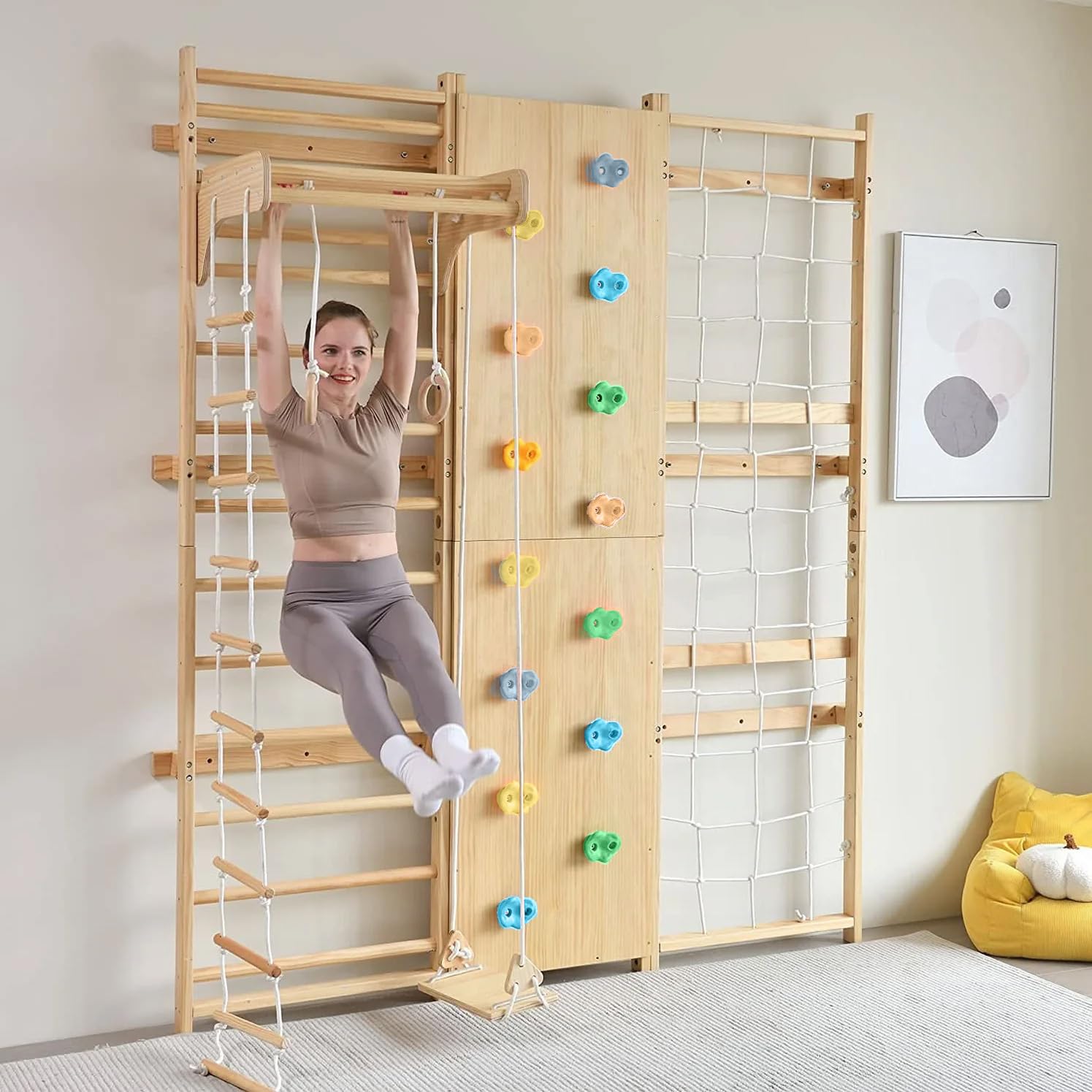 Avenlur Walnut 9-in-1 Swedish Ladder Wall Gym Set - 78.8 Inches - Trapeze Swing, Rope Ladder, Rock Wall, Rope Wall, Rock Ramp Climber, Slide, Pull-up Bar, Ladder and Swing