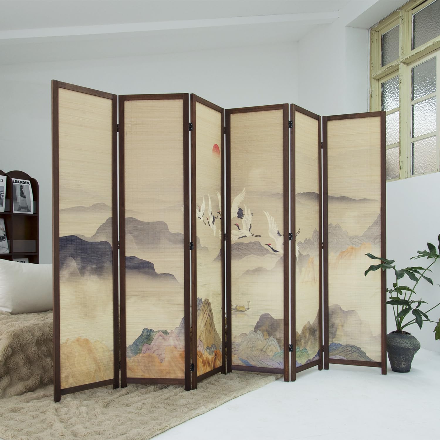 Furnnylane 6 Panel Bamboo Room Divider, 5.6 ft Tall Double-Sided Freestanding Folding Privacy Screen, Premium Thickened Wood Frame with Colorful Landscape Pattern for Home Office (67" H x 94.5" W)