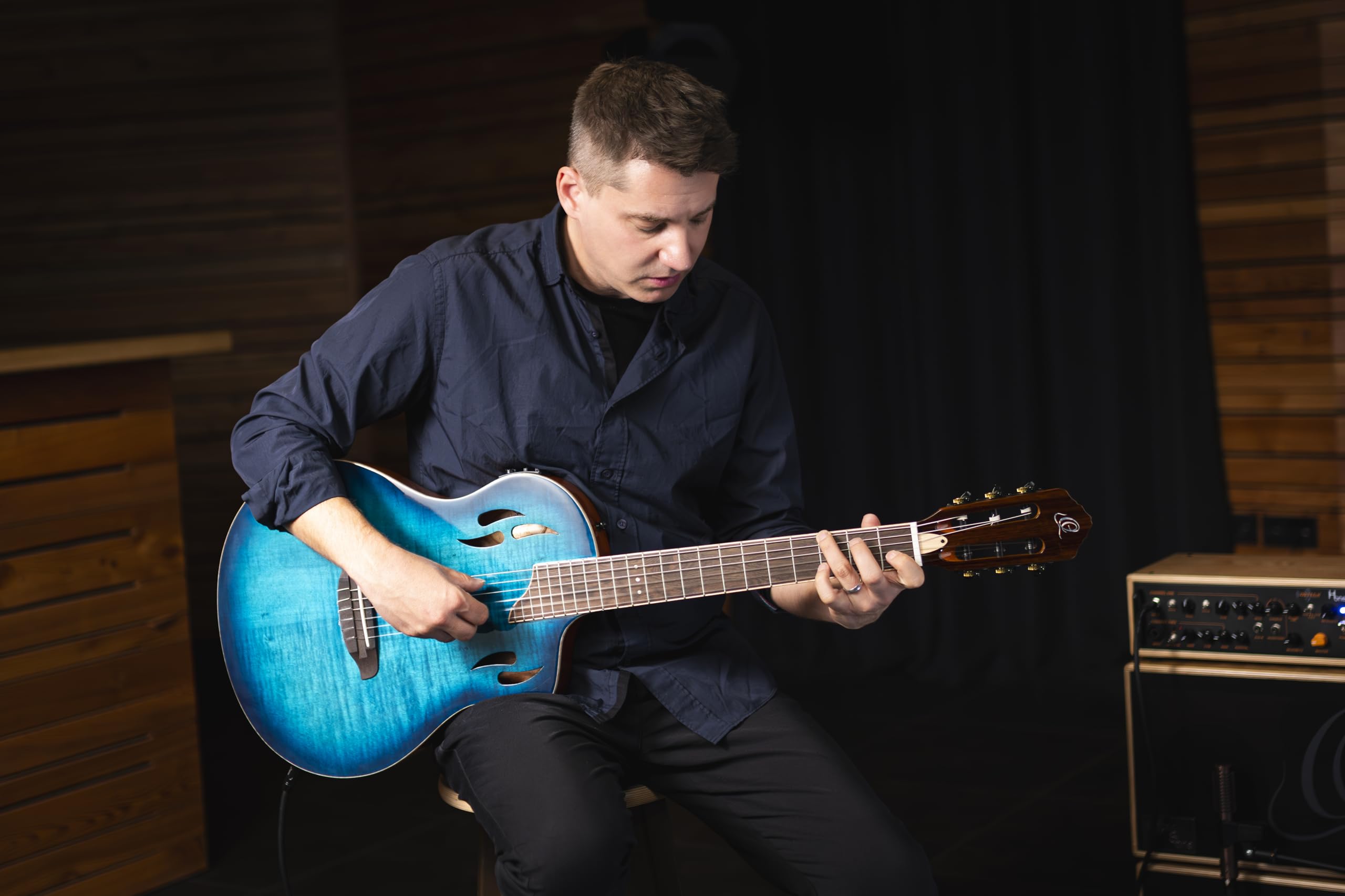 Ortega TourPlayer Deluxe Thinline Crossover Nylon-String Electric Guitar w/Pro gig bag, Flamed Maple Gloss Blue (RTPDLX-FMA)