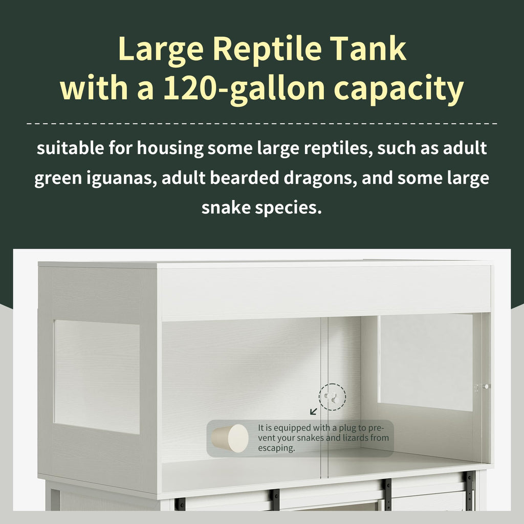 Herture 120 Gallon Reptile Terrarium with Stand, 4x2x2 Bearded Dragon Enclosure for Snakes Lizards, Large Vivarium Tank with Storage Cabinet, Acrylic Doors, Mesh Lid, Power Outlet White PX04RTWW