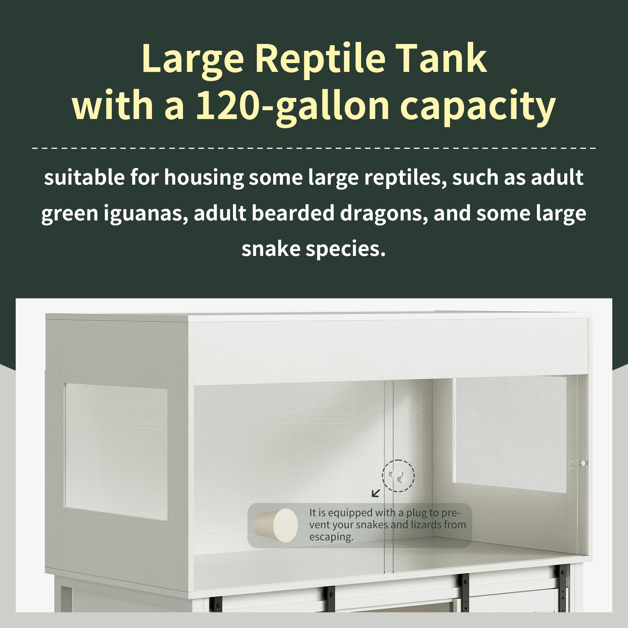 Herture 120 Gallon Reptile Terrarium with Stand, 4x2x2 Bearded Dragon Enclosure for Snakes Lizards, Large Vivarium Tank with Storage Cabinet, Acrylic Doors, Mesh Lid, Power Outlet White PX04RTWW