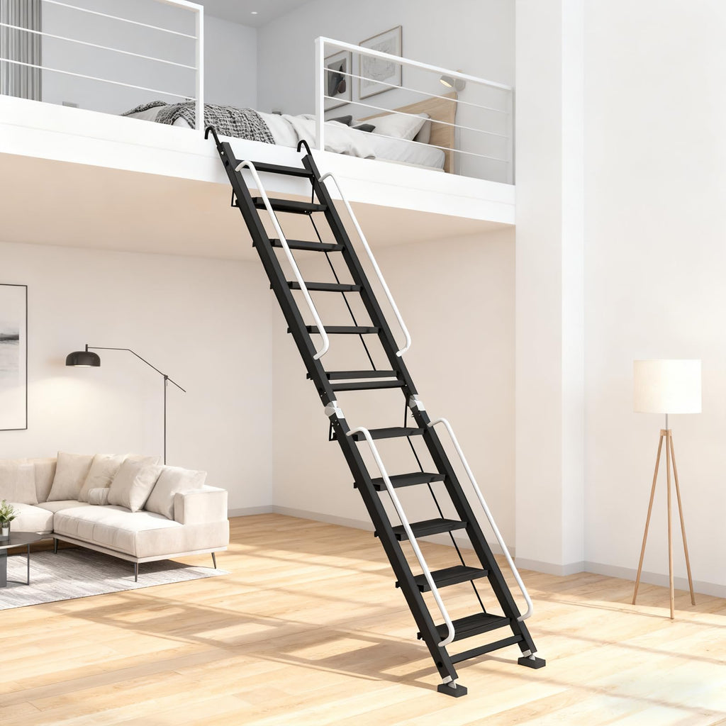 Foldable Aluminum Loft Stairs Ladder, 12 Step Folding Bunk Bed Ladders with Handrails, Portable Anti-Slip Egress Attic Ladder, Floor-Mounted Metal Roof Access Step Ladders for Dorm RV Home Attic Stair