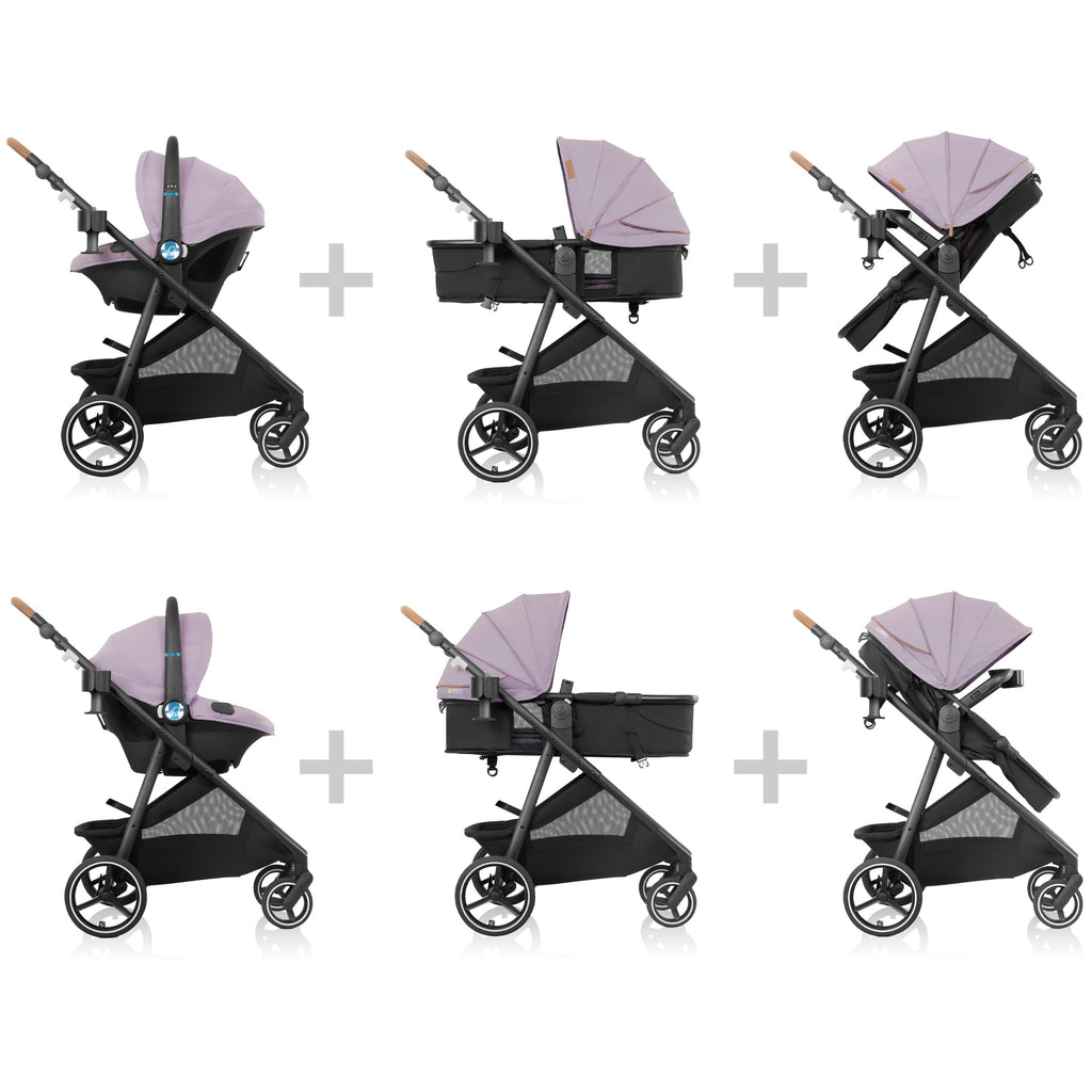 Evenflo Shyft Intuiti+ Travel System Featuring Revolve180 LiteMax NXT Preemie and Infant Car Seat with SensorySoothe and Green & Gentle (Agate Purple)