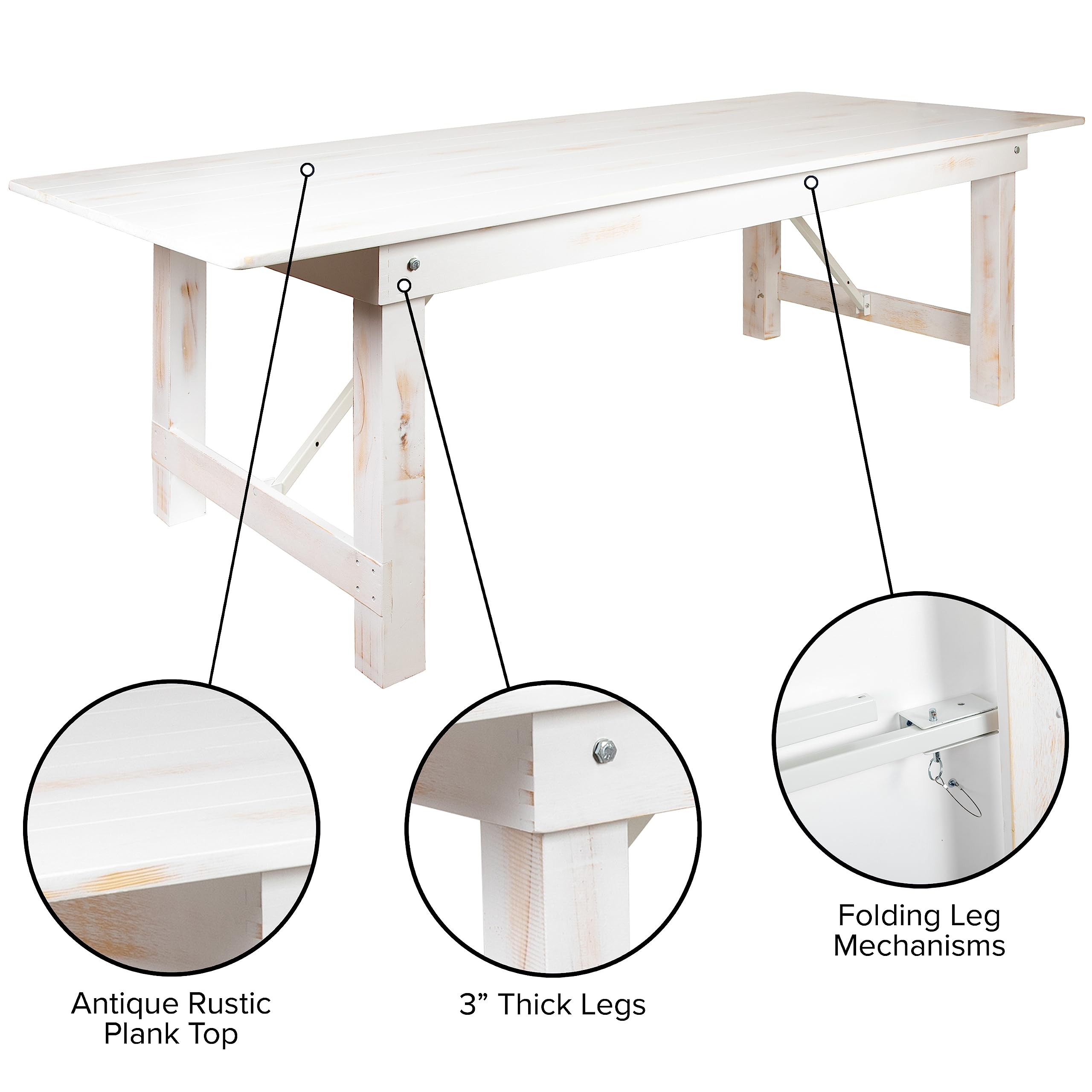 Flash Furniture Hercules Commercial Grade Farmhouse Dining Table | Solid Pine Foldable Table for 10 in Antique Rustic White | Rustic Charm for Home and Events