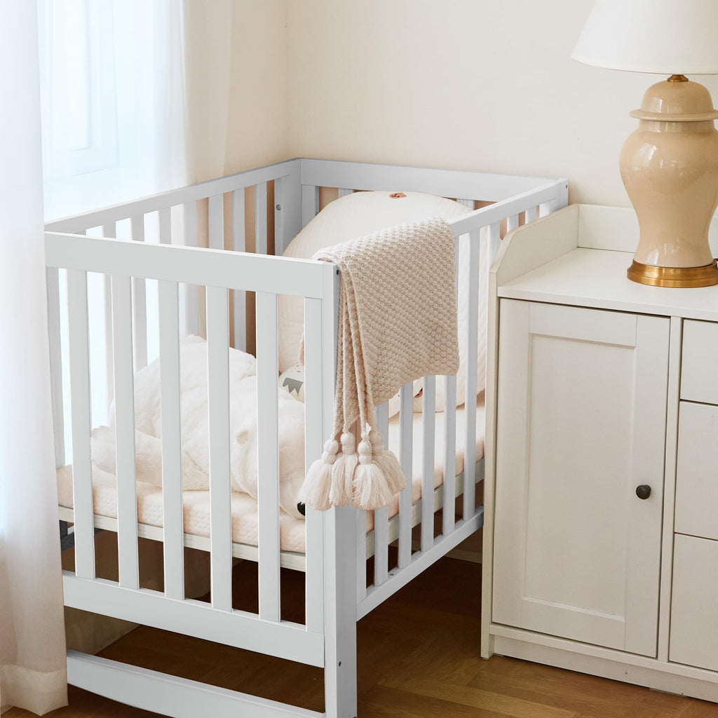 MAMAZING EvoNest Baby Crib, 11 in 1 Convertible Crib with Wheels, 100% New Zealand Wood Growing Bed, Full Size Crib for Baby, 4 Adjustable Mattress Height, White