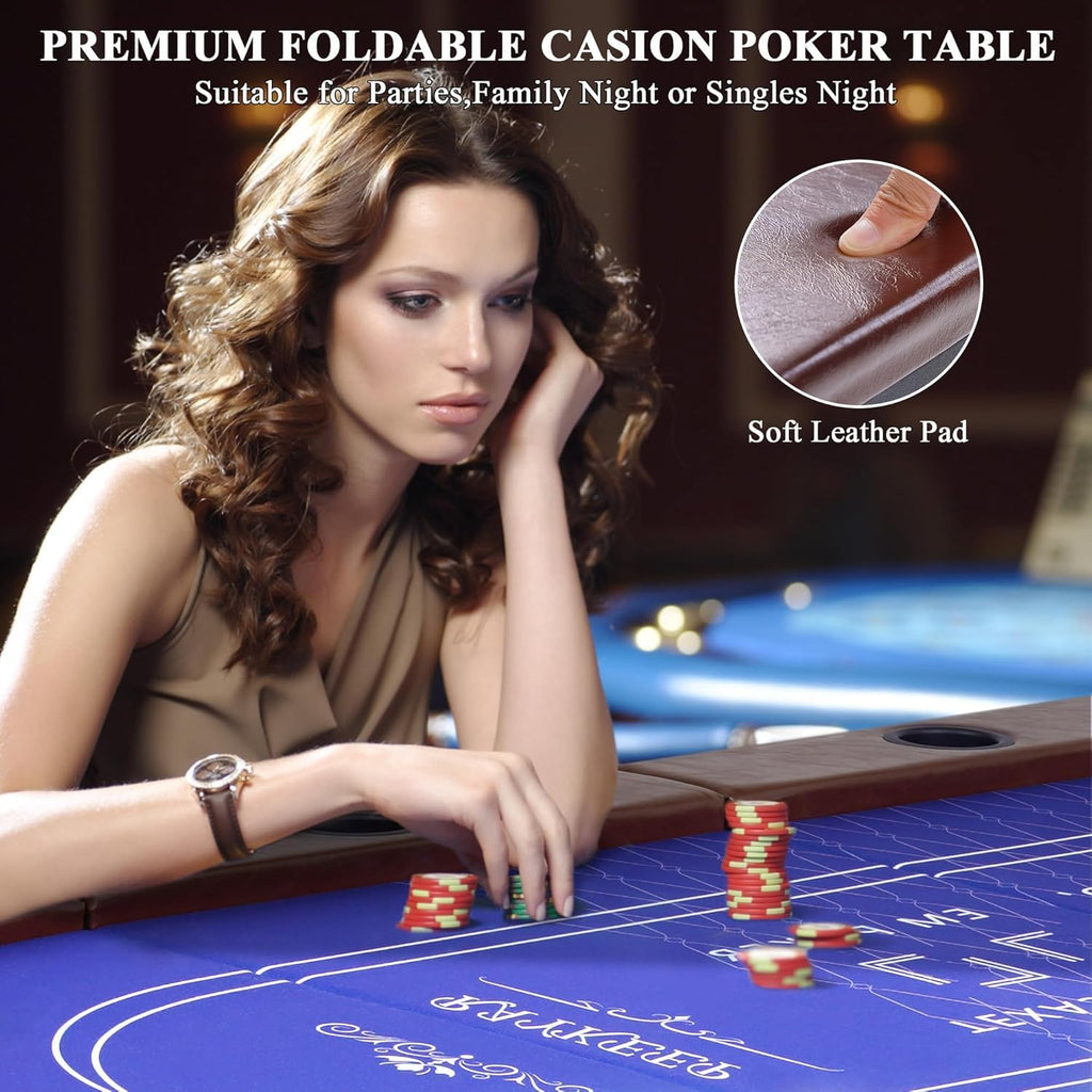 RAYKEEP Foldable Poker Table for 10 Players, 84" Folding Blackjack Texas Holdem Table, Portable Casino Leisure Card Board Game Table with Cup Holders and Padded Rails for Game Room (Brown)