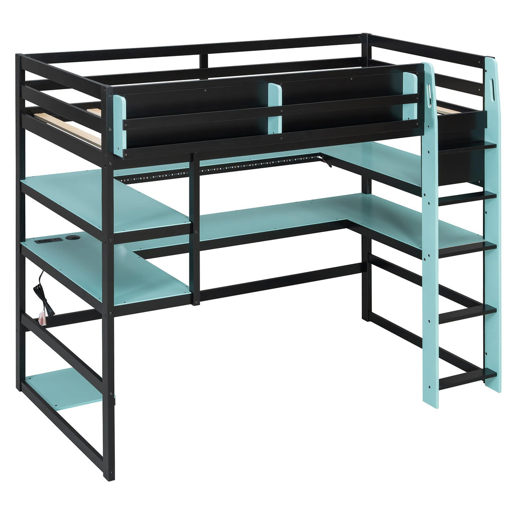 Merax Twin Size Wood Loft Bed with Desk, Side Storage Rack, Multi-Storage Shelves and USB Ports, Space-Saving Loft Bed for Teens, Adults, Blue