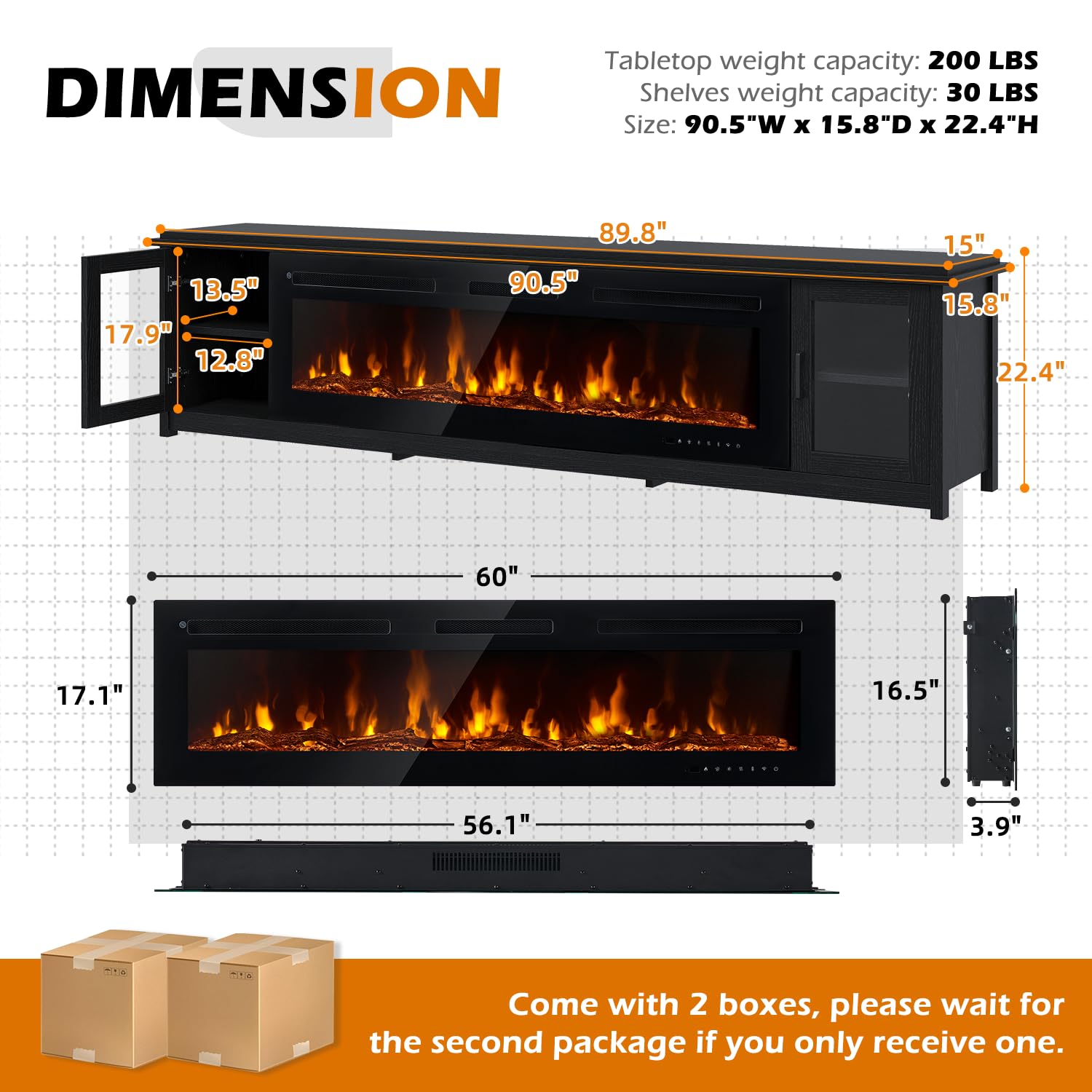 MXV 90" Fireplace TV Stand, Modern Entertainment Center with 60 Inch Electric Fireplace, Adjustable Shelf & Glass Door, Fire Place TV Console for Living Room, Black