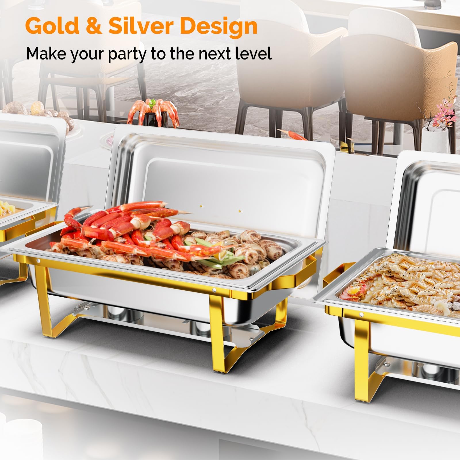 Bonnlo 8 Pack Chafing Dishes for Buffet, 9 Qt Stainless Steel Food Warmer Set with Lids, Rolled Edge Catering Chafer with Folding Frame for Wedding, Banquet, Party & Hotel Service, Silver & Gold