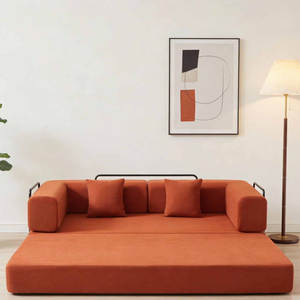 KEIKI 78” Futon Sofa Bed, 4-in-1 Folding Convertible Corduroy Sleeper Sofa, Boneless Couch for Living Room with Supportive Metal Frame, Modern Floor Lounge for Relaxing Reading Napping, Orange