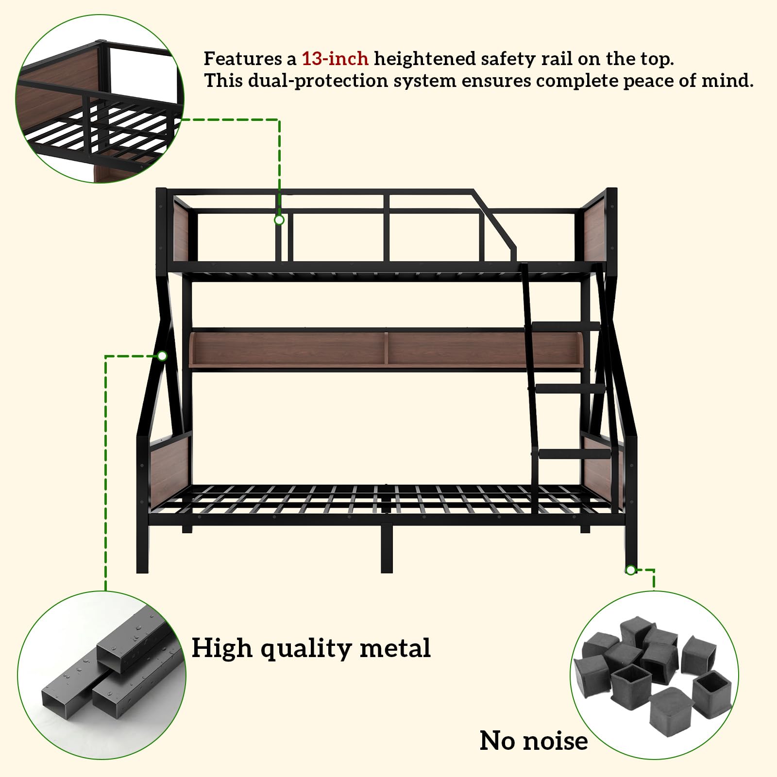 HKOLIE Twin XL Over Queen Bunk Bed with Storage Shelves & LED Lights, Heavy Duty Metal Bunk Bed Frame with Stairs, Noise-Free Design, Space-Saving Bed with Guardrails for Kids, Teens & Adults, Black