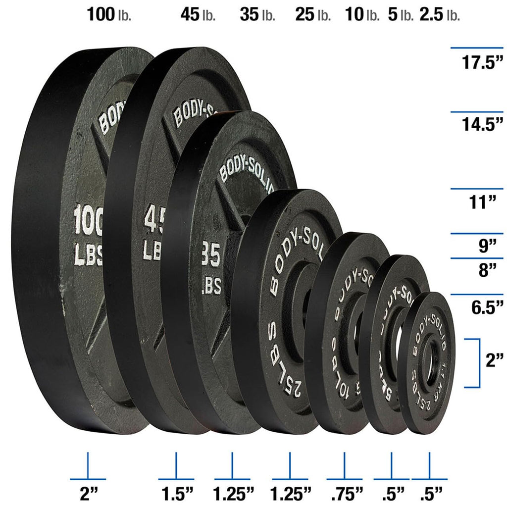 Body-Solid Cast Iron Olympic Weight Plate Set, Free Weights Dumbbell Plates with 2 Inch Standard Hole for All Olympic Barbell Types, 105 lb Total Weight Sets, Midnight Black