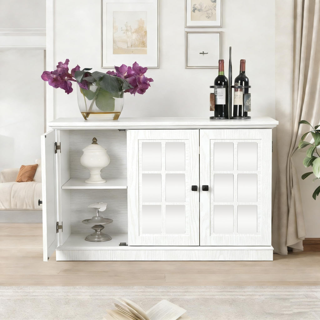 GDFStudio 45" Modern Buffet Sideboard Cabinet, Storage Cabinet with 3 Acrylic Mirrored Doors & Adjustable Shelves, Freestanding Credenza Buffet for Dining Room, Accent Cabinet Coffee Bar, White