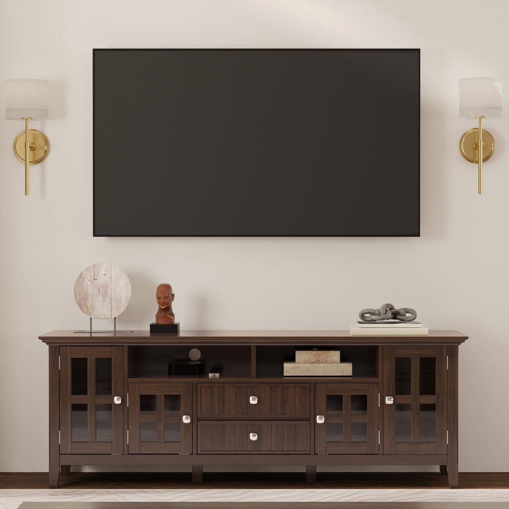 SIMPLIHOME Acadian TV Stand - 60 inch Wide Solid Wood Media Console in Black, Transitional Entertainment Center for Living Room for TVs up to 65 Inches with Glass Cabinets, Drawers and Shelves