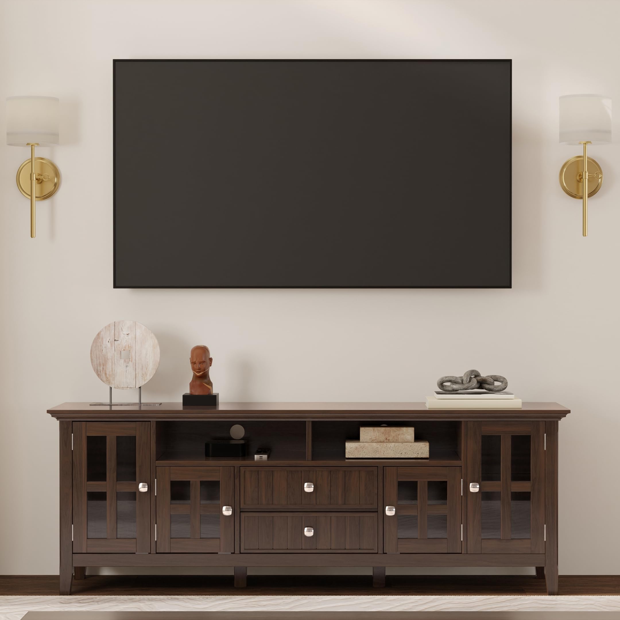 SIMPLIHOME Acadian TV Stand - 60 inch Wide Solid Wood Media Console in Black, Transitional Entertainment Center for Living Room for TVs up to 65 Inches with Glass Cabinets, Drawers and Shelves