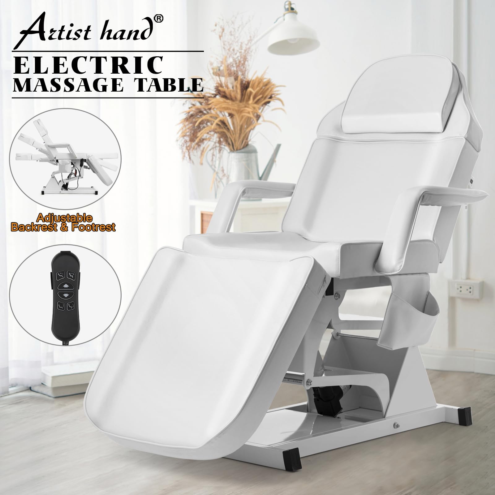 Artist hand Facial Bed for Esthetician MassageTable Beauty Bed Medical Aesthetic Tattoo Procedure Bed with 3 Motor Electrical Adjustments,White