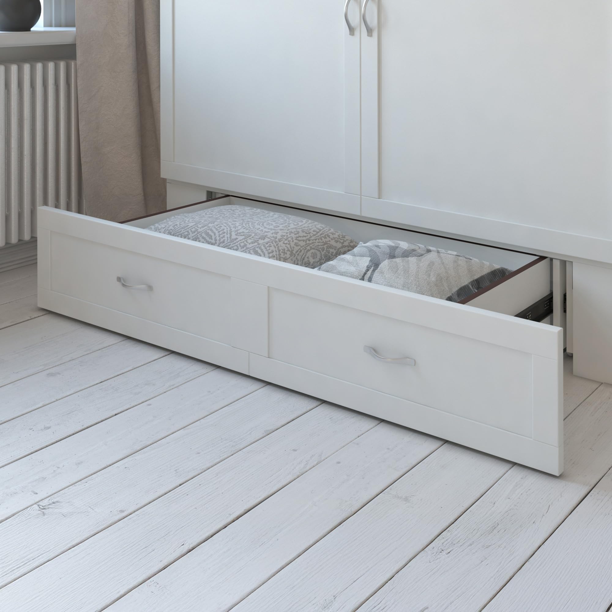 AFI Hamilton Queen Murphy Bed Chest with Mattress, Storage, and Built-in Charger in White