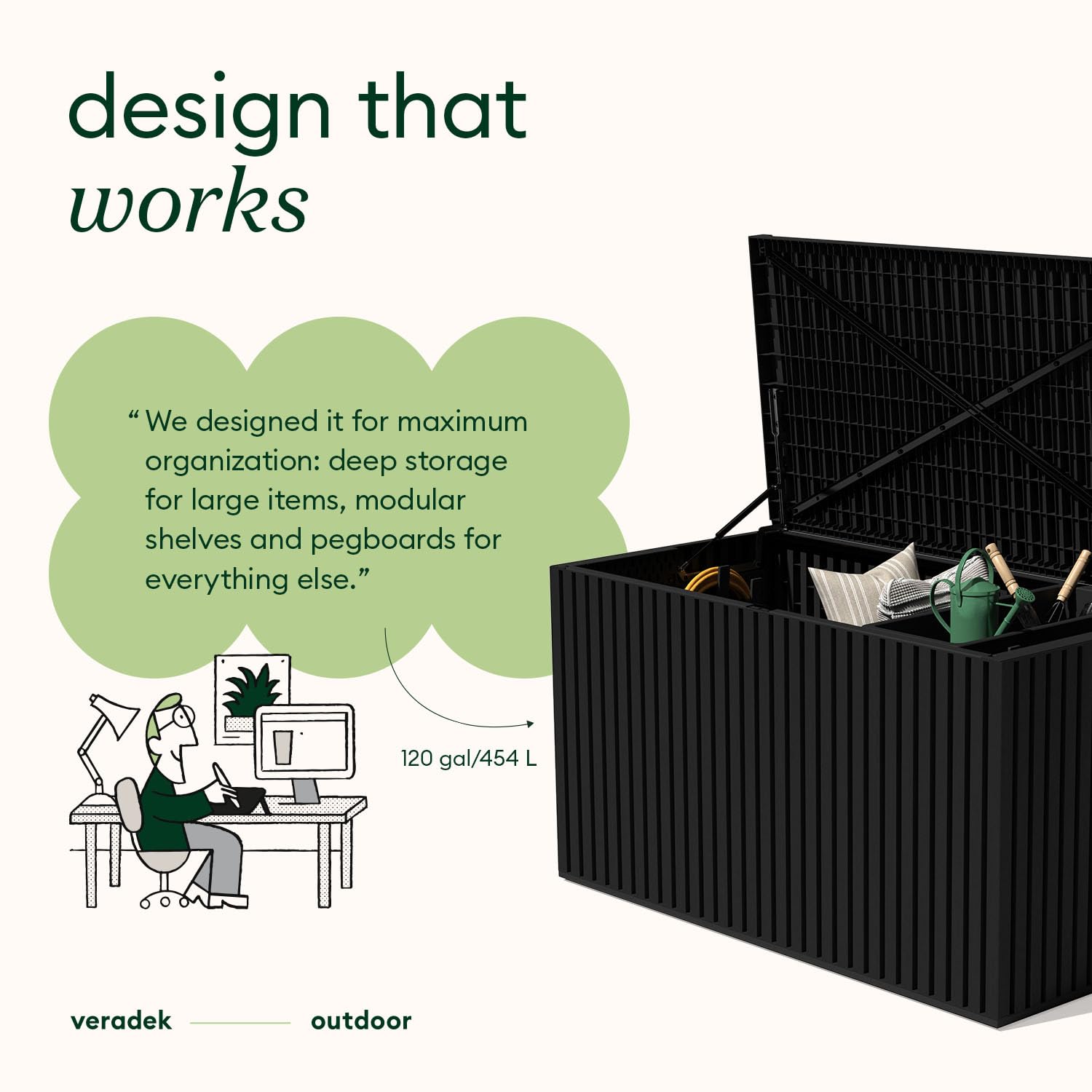 Veradek Everything Deck Box 120 Gallon | Lockable Storage Box and Organization for Patio Furniture, Outdoor Cushions, Throw Pillows, and Garden Tools