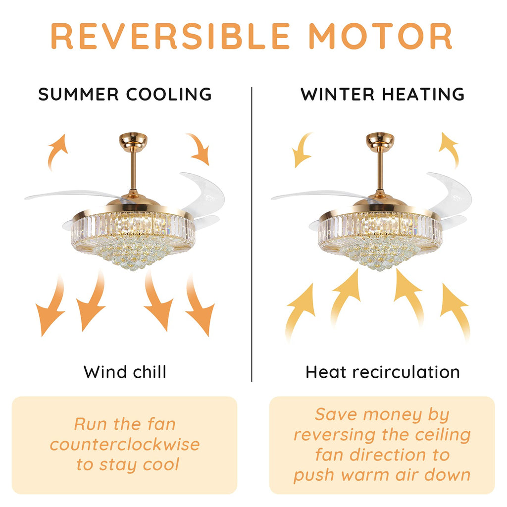 MOOONICHE 52 Inch Crystal Ceiling Fan with Light and Remote Modern Dimmable Fandelier Invisible Retractable Chandelier Fan Gold for Bedroom Living Room