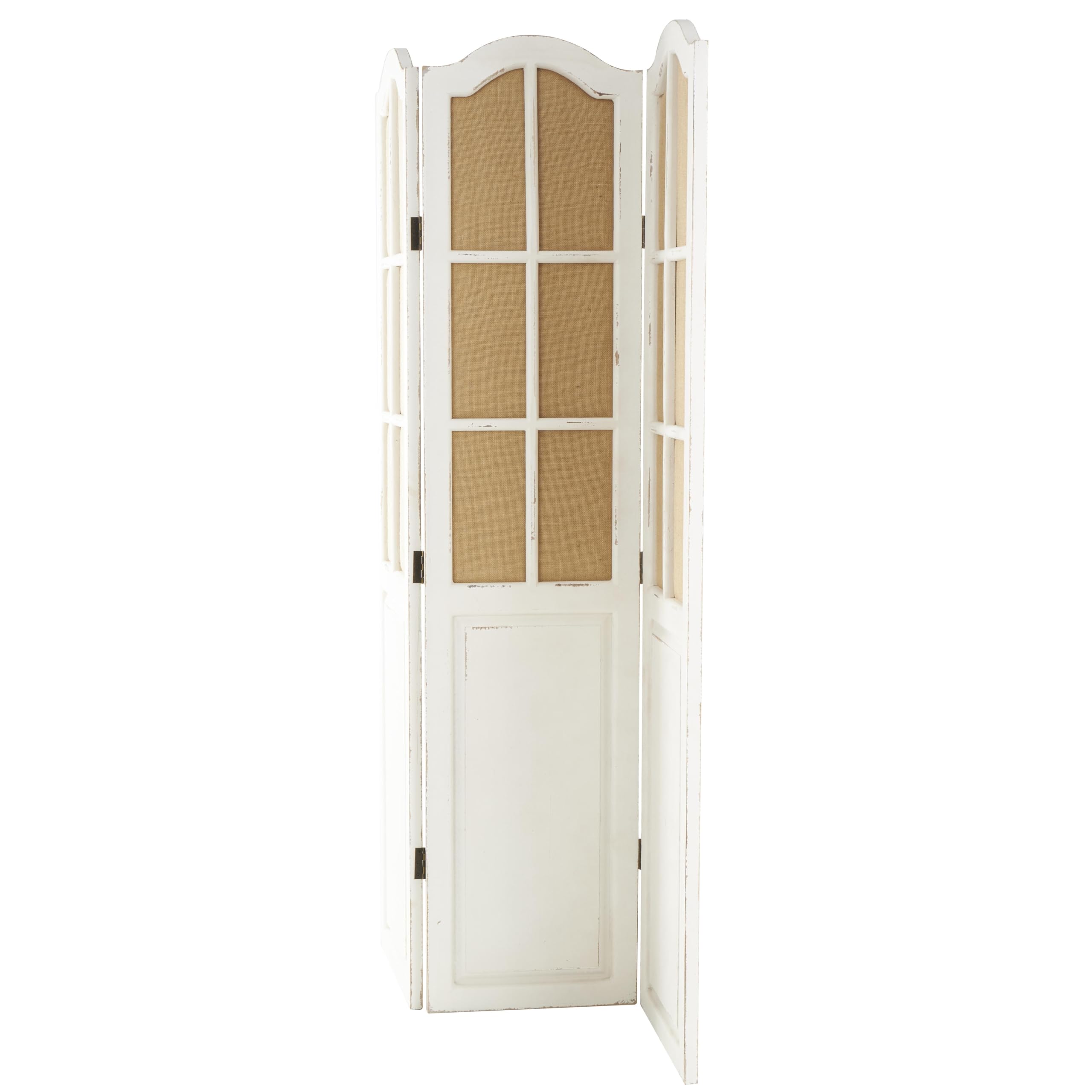 Deco 79 Wood Partition Room Divider Screen Hinged Foldable Partition 3 Panel Privacy Screen with Burlap Window Pane Design, Room Partition 48" x 1" x 71", Beige