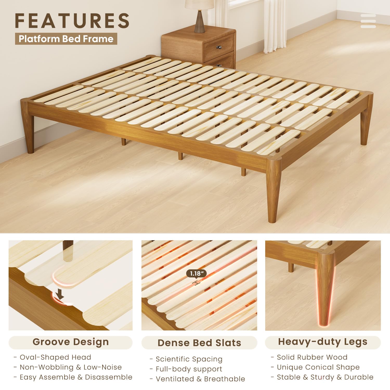 IOTXY Twin Platform Bed Frame - Solid Wood 16-Inch Height Mattress Foundation Base with Densely Slats and Heavy-Duty Support Legs, No Box Spring Needed, Teak