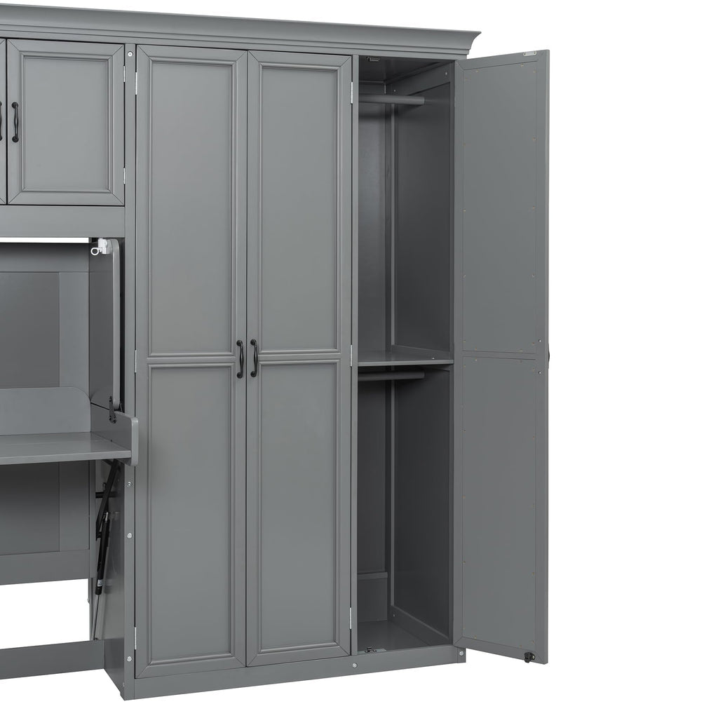 DNYN Murphy Bed with Top Cabinets and Wardrobe, Space-Saving Foldable Wall Bed Frame with Storage Drawers/Shelves/Desk for Bedroom Guest/Study Room, No Box Spring Needed