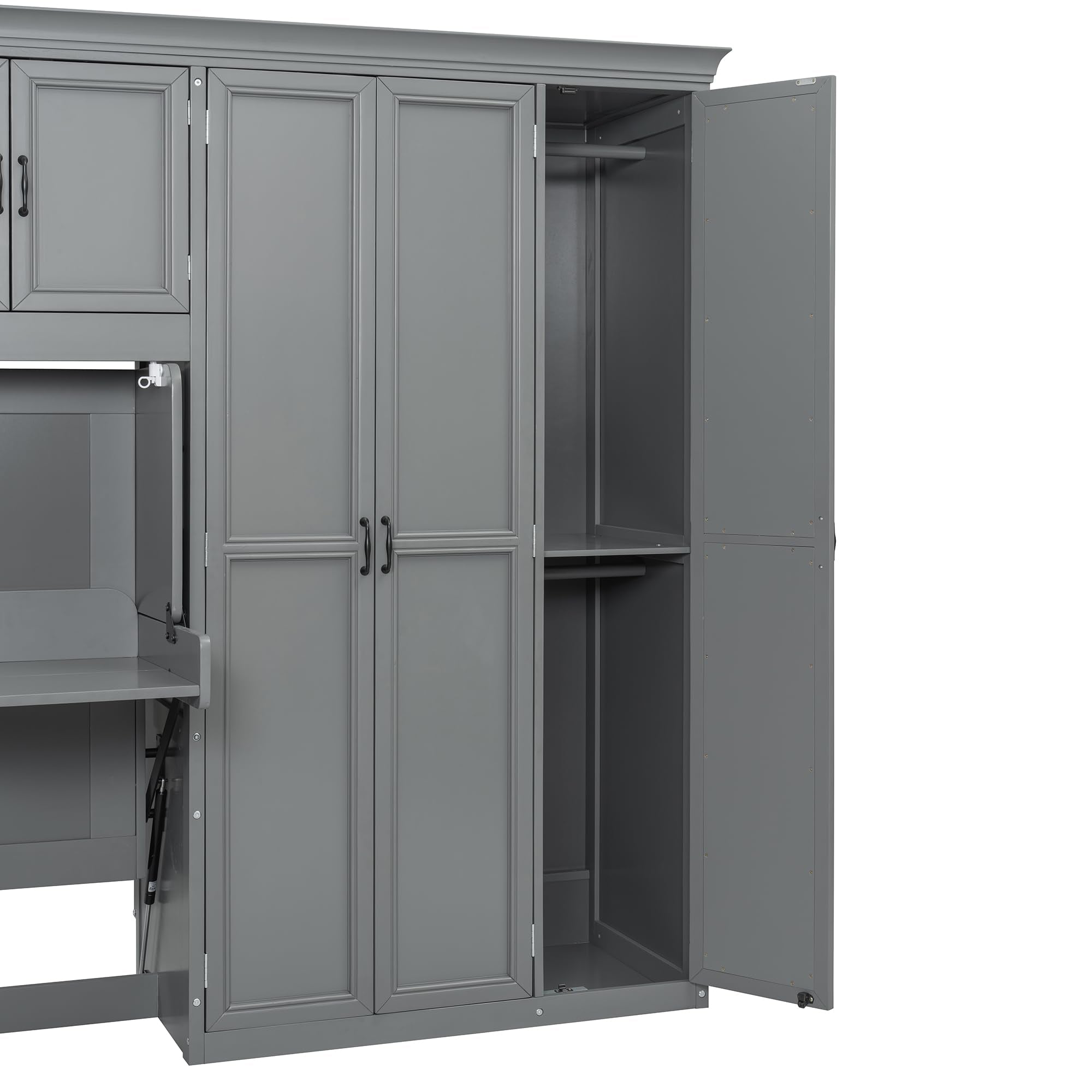 DNYN Murphy Bed with Top Cabinets and Wardrobe, Space-Saving Foldable Wall Bed Frame with Storage Drawers/Shelves/Desk for Bedroom Guest/Study Room, No Box Spring Needed
