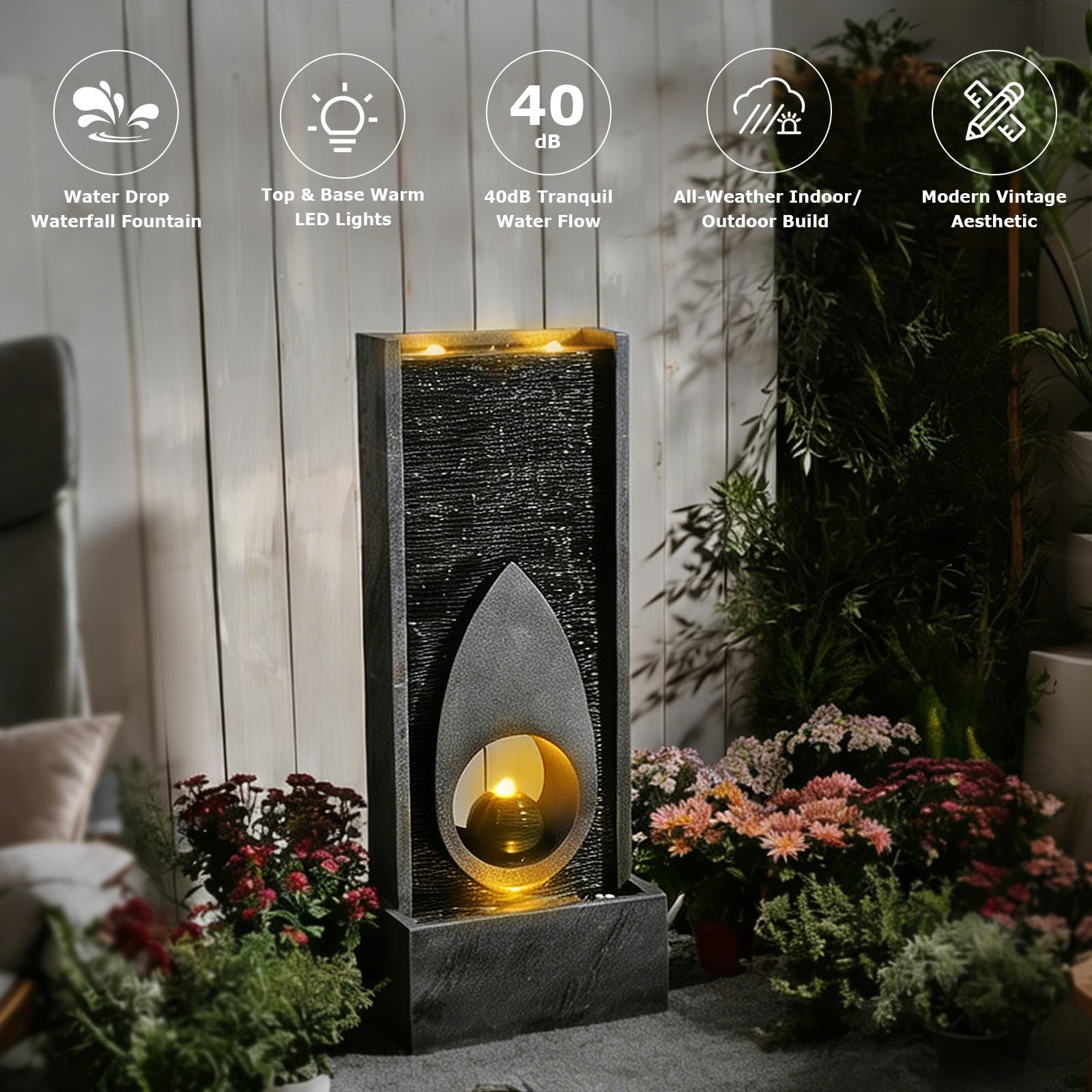 46.5’’Tall Modern Water Fountain Indoor Outdoor Waterfall Feature Floor Standing with Sphere and LED Lights for Garden, Yard, Patio, Deck, Porch, Livingroom Decor