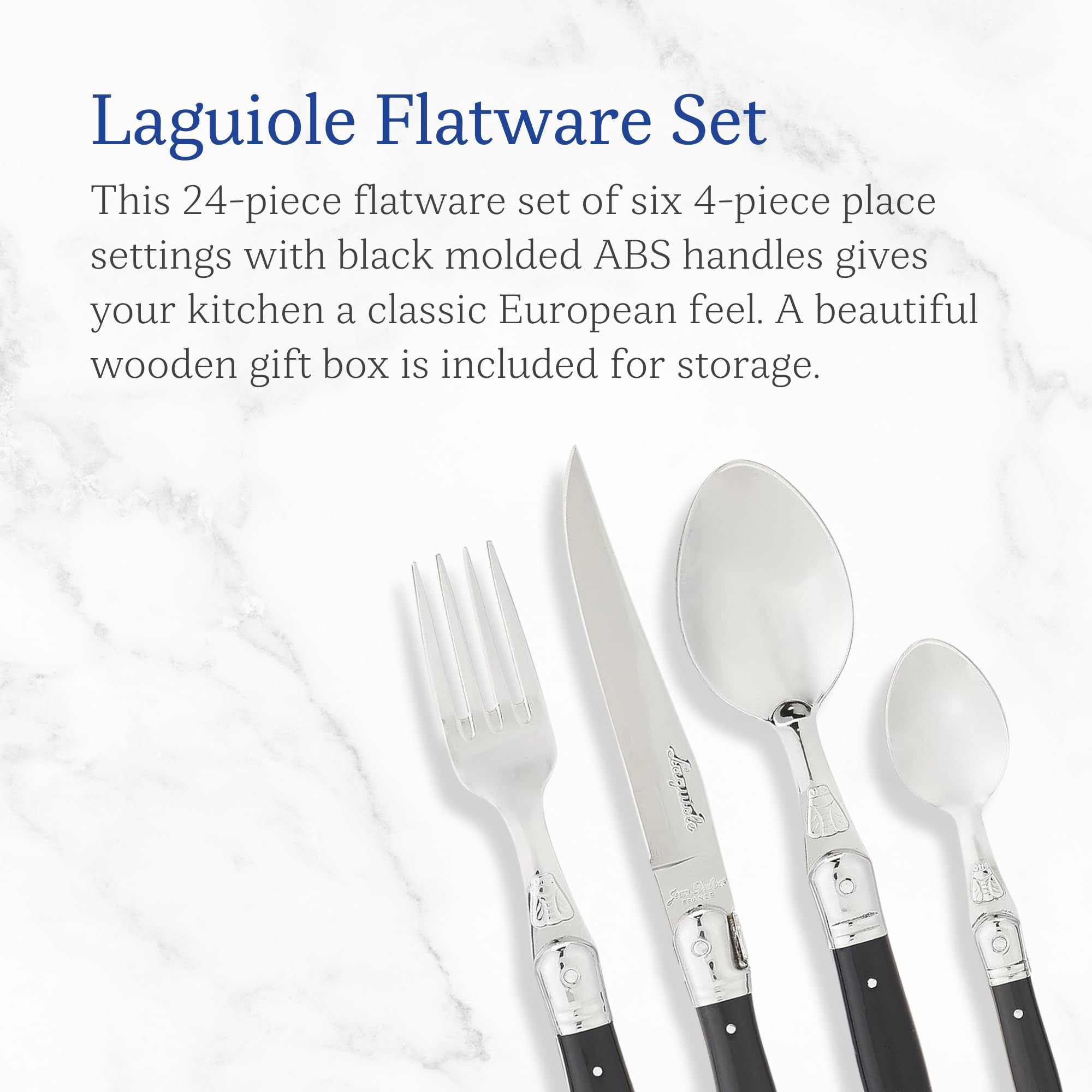 Jean Dubost Laguiole 24-Piece Everyday Flatware Set, Black Handles - Rust-Resistant Stainless Steel - Includes Wooden Tray - Made in France