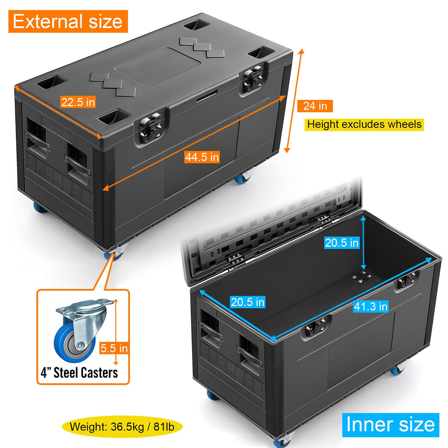 Diandian Utility Cable Trunk Road Case with Wheels, 44" x 22" x 24" Professional Stackable Heavy Duty ATA Rolling Road Case, for Pro Audio & DJ Equipment Storage, Transport for Touring with Casters