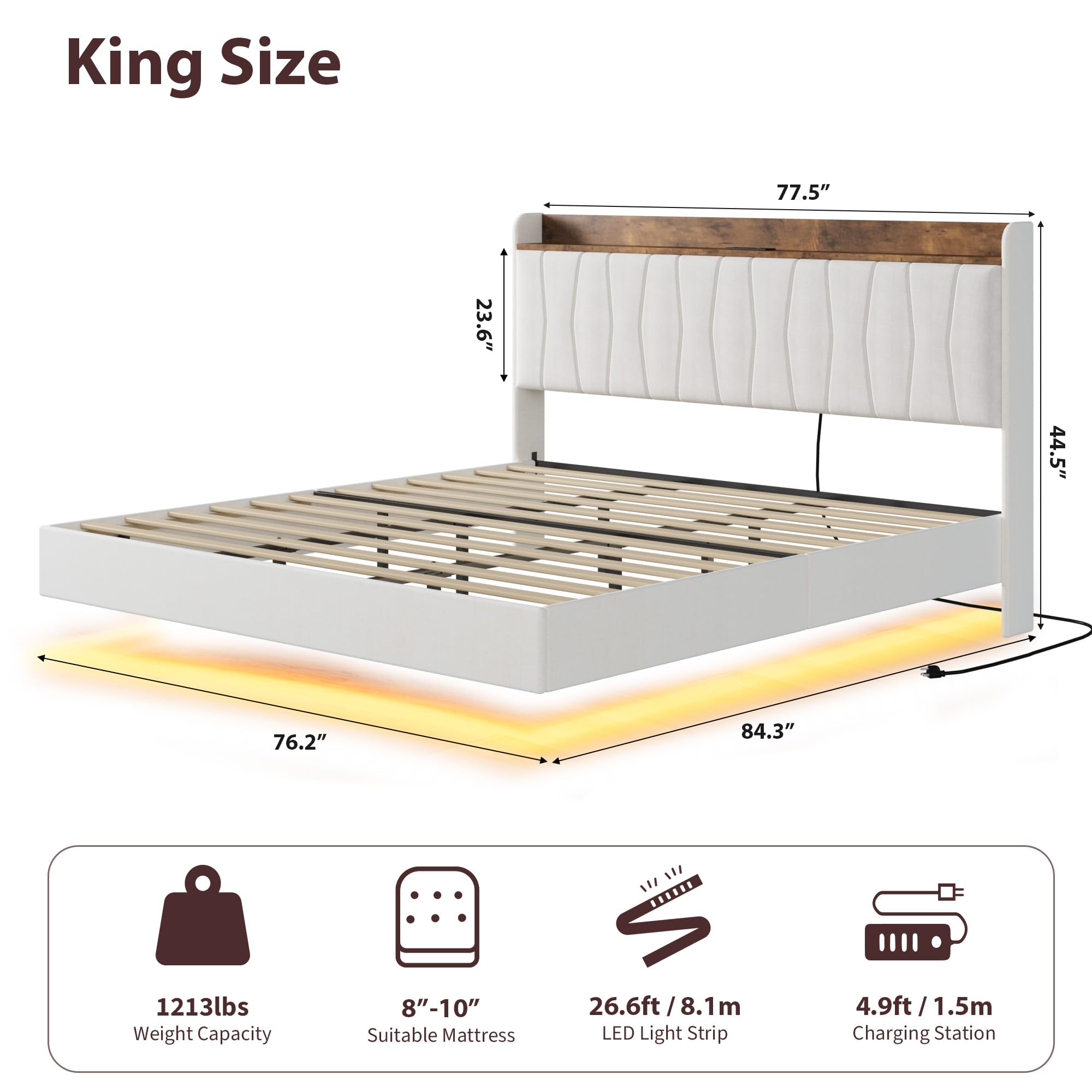 IDEALHOUSE King Floating Bed Frame with LED Lights & Charging Station, Upholstered Platform Bed with Storage Headboard, Wood Slats Support, No Box Spring Needed, Easy to Assemble, White
