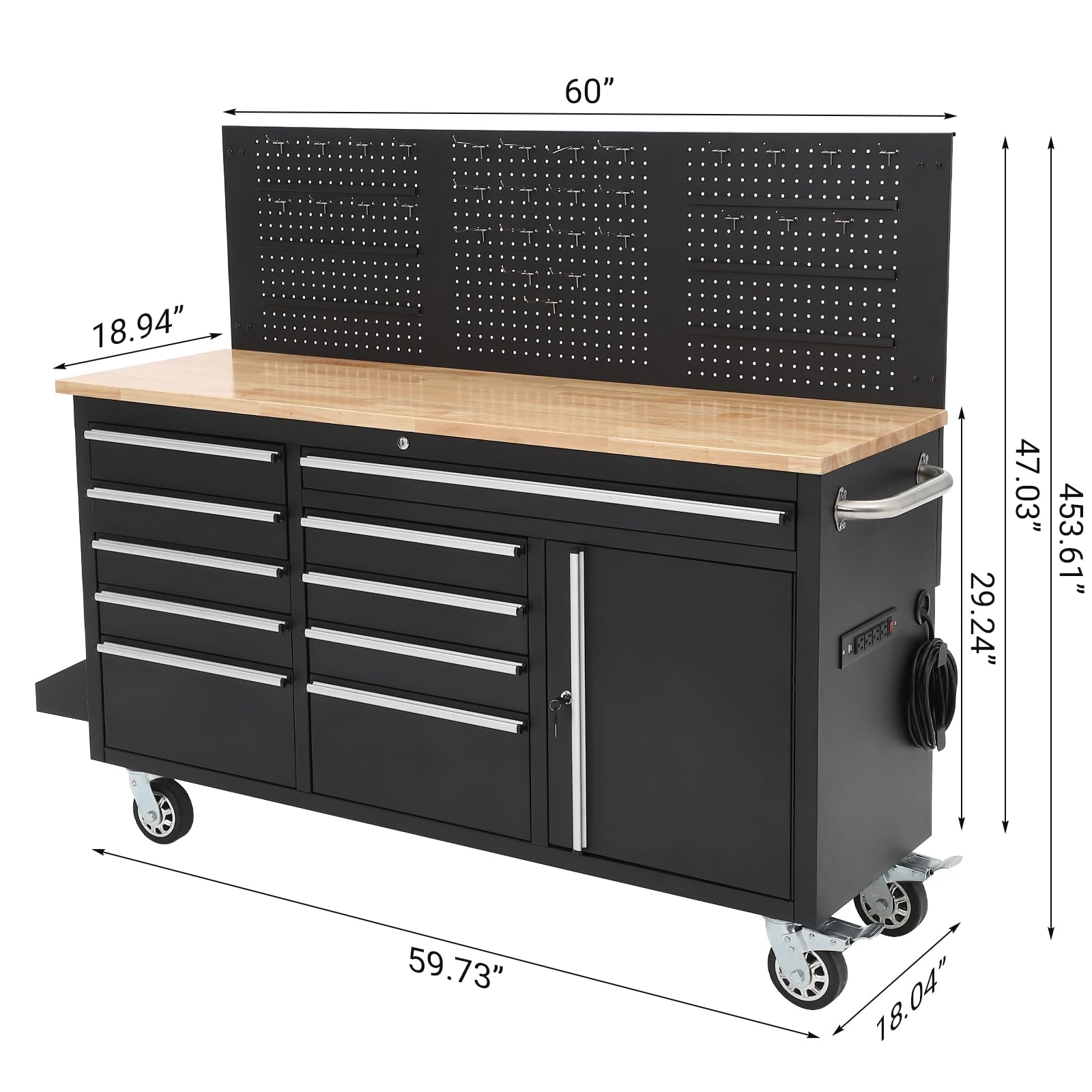 ActiveTrail 61" Tool Cabinet with Wheels, 10 Drawers Rolling Tool Chest, Heavy Duty Storage Workbench with Power Strip, Solid Rubber Wood Top, 1675 LBS Capacity, Mobile Tool Box for Garage, Shop