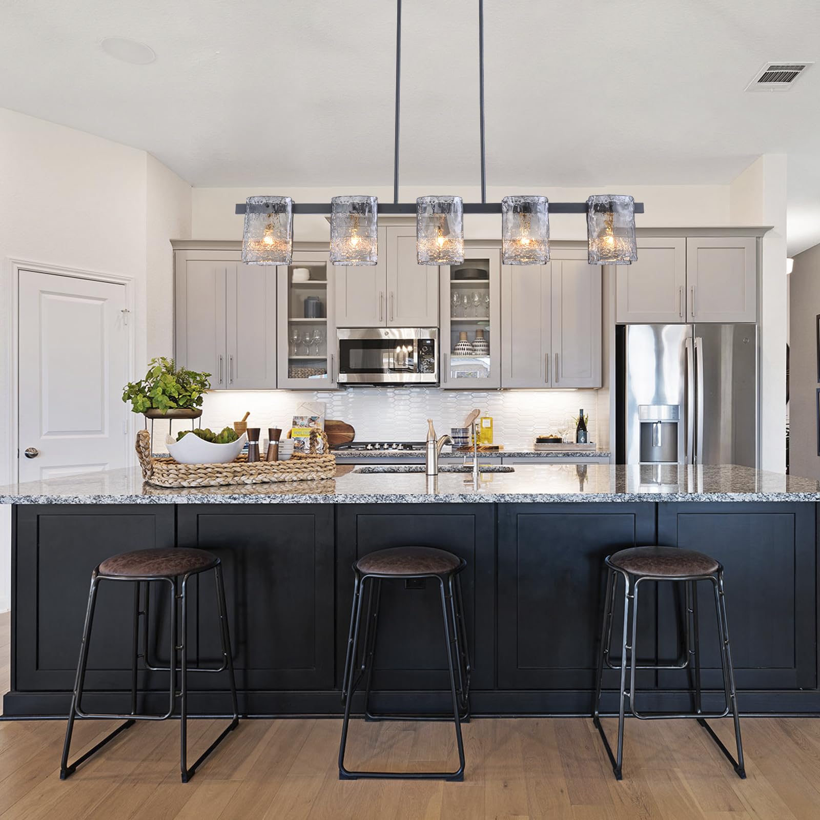 EDISLIVE 5-Light Glass Block Chandeliers Pendant Light Kitchen Island 47.24in E12 Linear Adjustable Hanging Lighting Fixture with Black Finish Grey Water Ripple Glass for Dinning Room Living Room