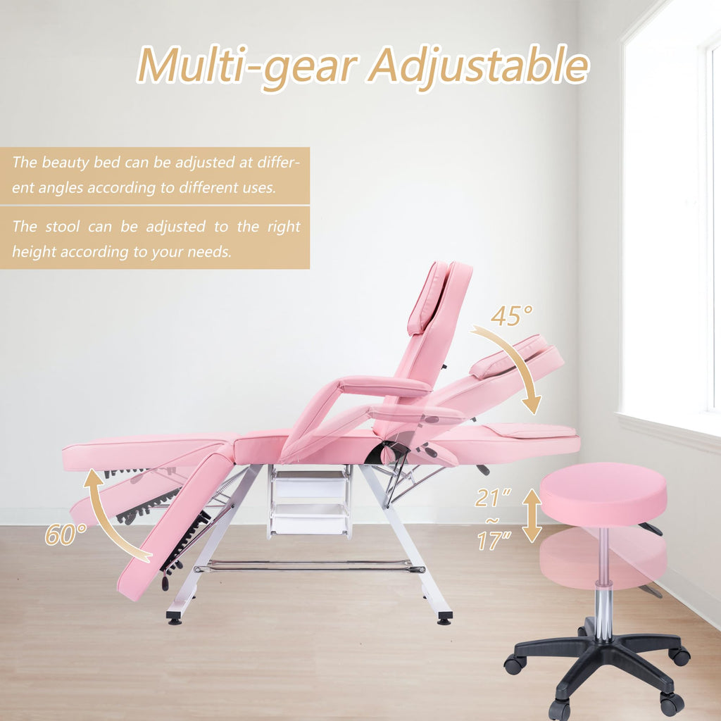 Massage Salon Tattoo Chair with Two Trays Esthetician Bed with Hydraulic Stool,Multi Purpose 3 Section Facial Bed Table, Adjustable Beauty Barber Spa Beauty Equipment, Pink