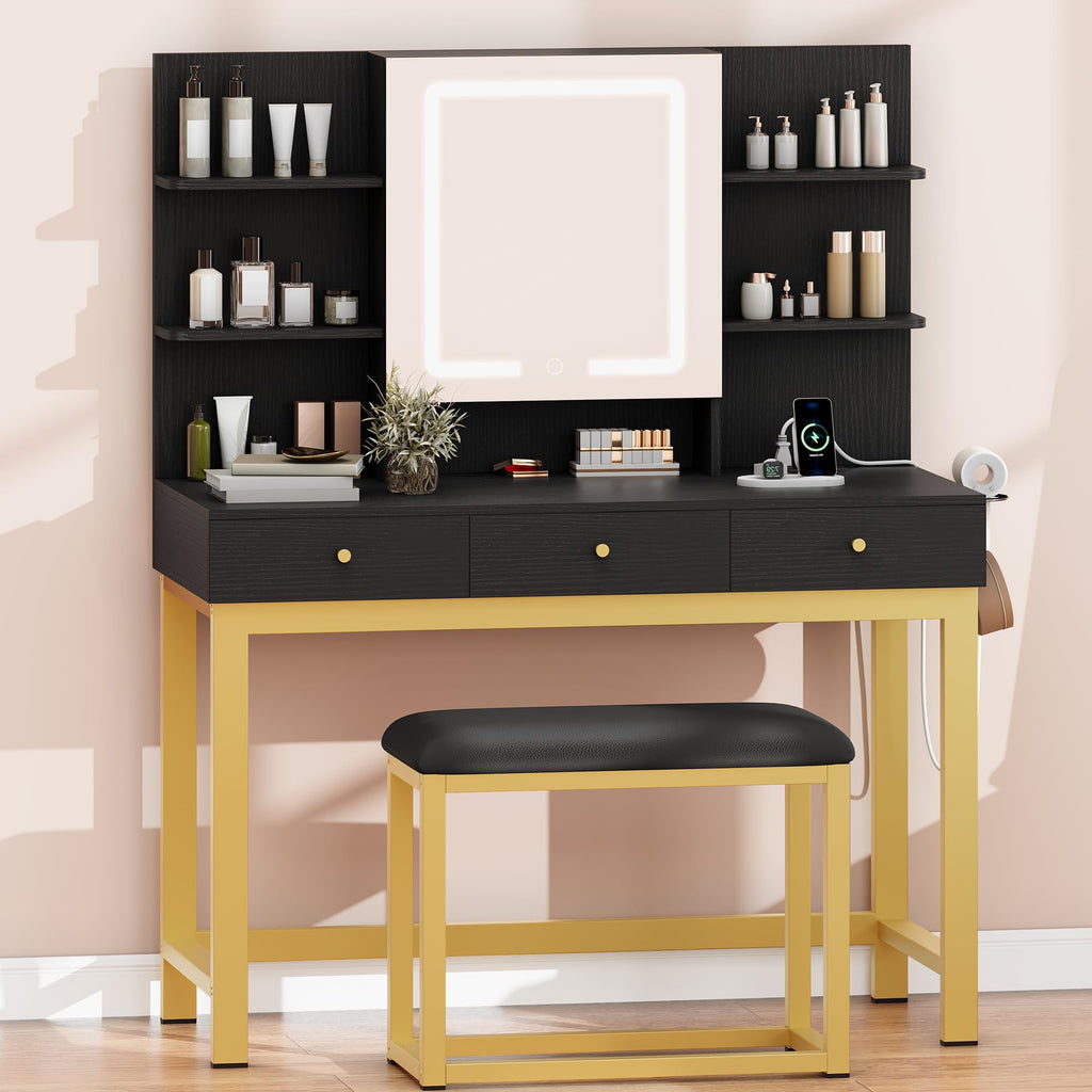 YITAHOME Vanity Desk Set with Mirror and Lights & Power Outlets, Makeup Table with 3 Adjustable Lighting Modes, Vanity Set with Open Shelves and Hidden Storage