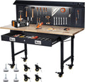 Adjustable Workbench for Garage, 48" Heavy Duty Rolling Work Bench with Power Outlet & Storage Drawer, 2000 LBS Capacity Solid Wood Top Shop Table for Workshop Home Office