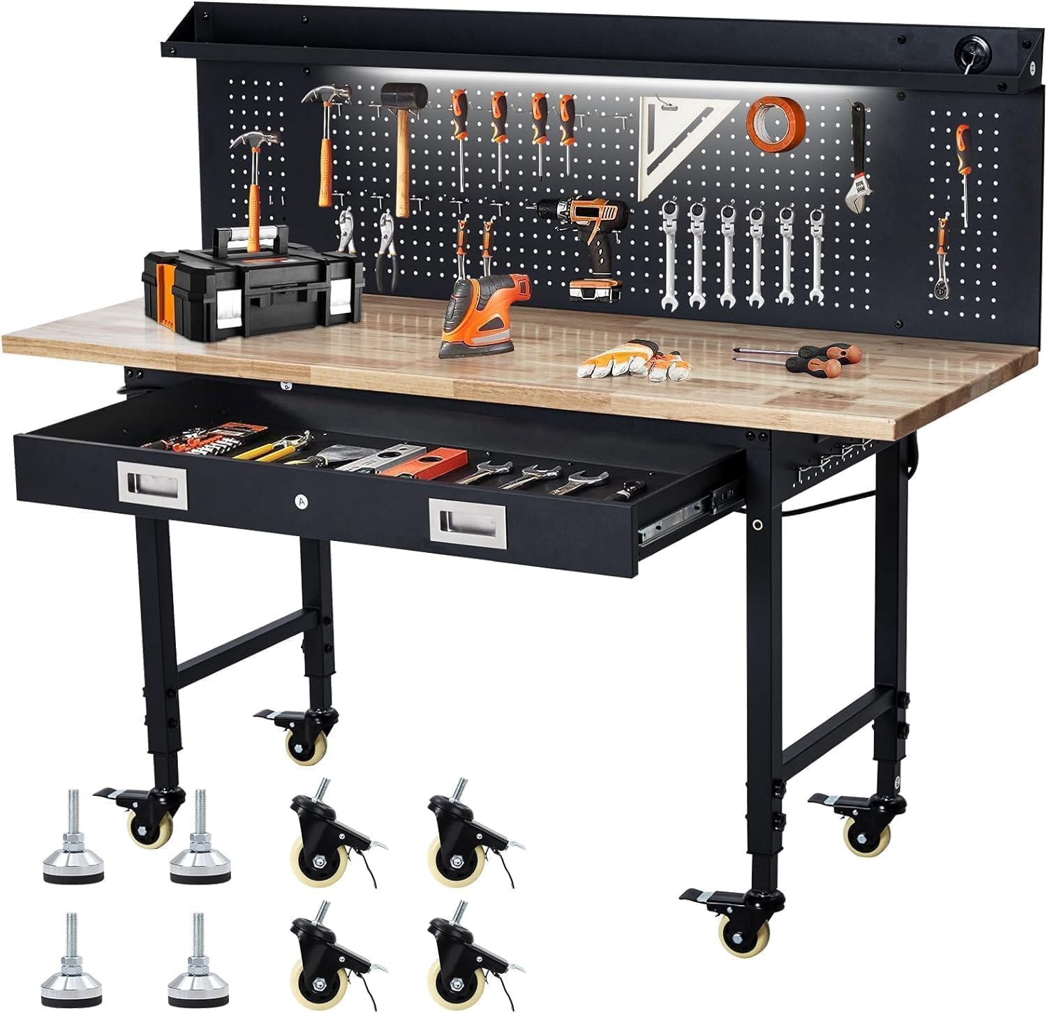 Adjustable Workbench for Garage, 48" Heavy Duty Rolling Work Bench with Power Outlet & Storage Drawer, 2000 LBS Capacity Solid Wood Top Shop Table for Workshop Home Office