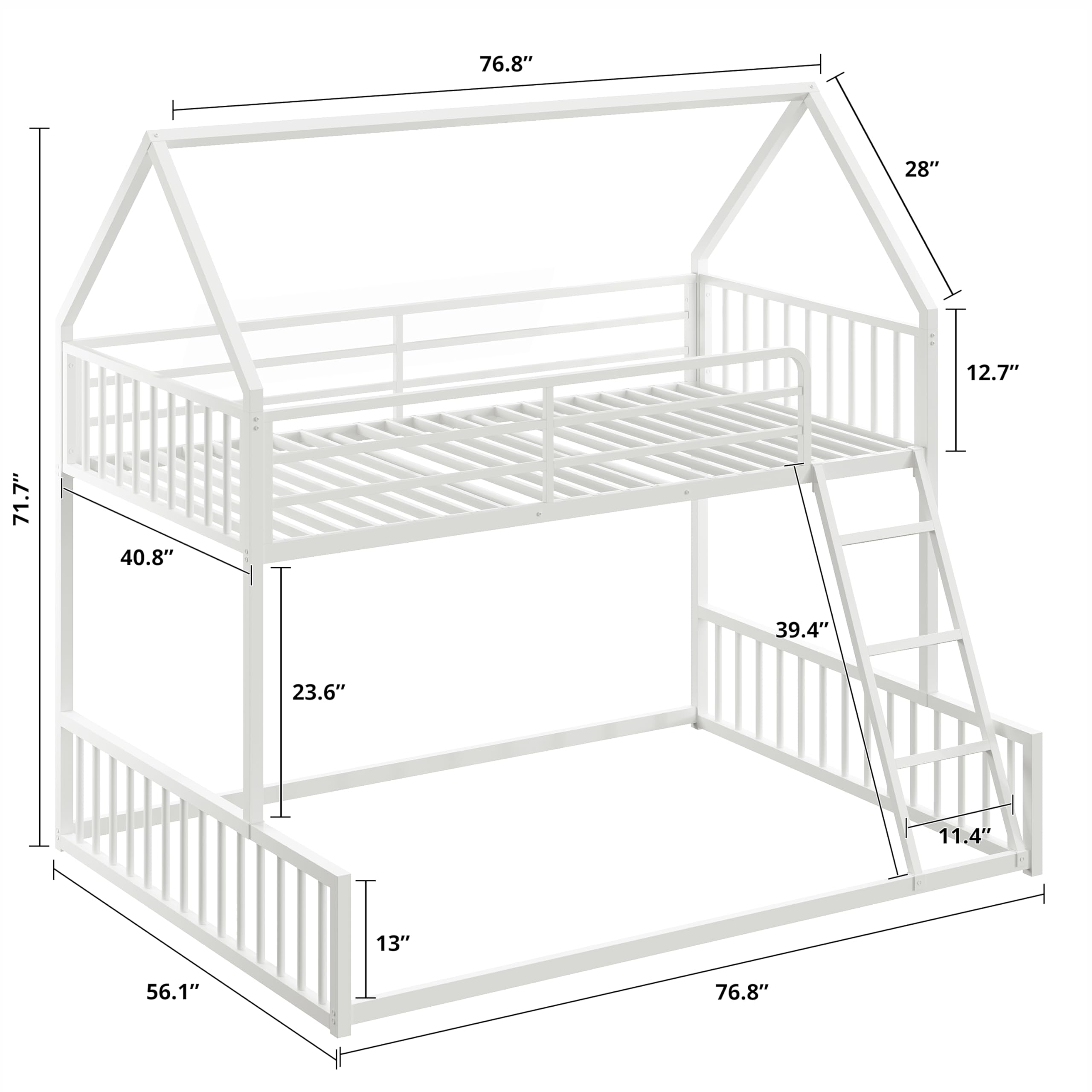 LIKIMIO Bunk Bed Twin Over Full Size, House Bunk Bed Frame with Ladder and Guardrail, House Shaped with Metal Slats Support No Box Spring Needed Space Saving for Bedroom and Dorm, White