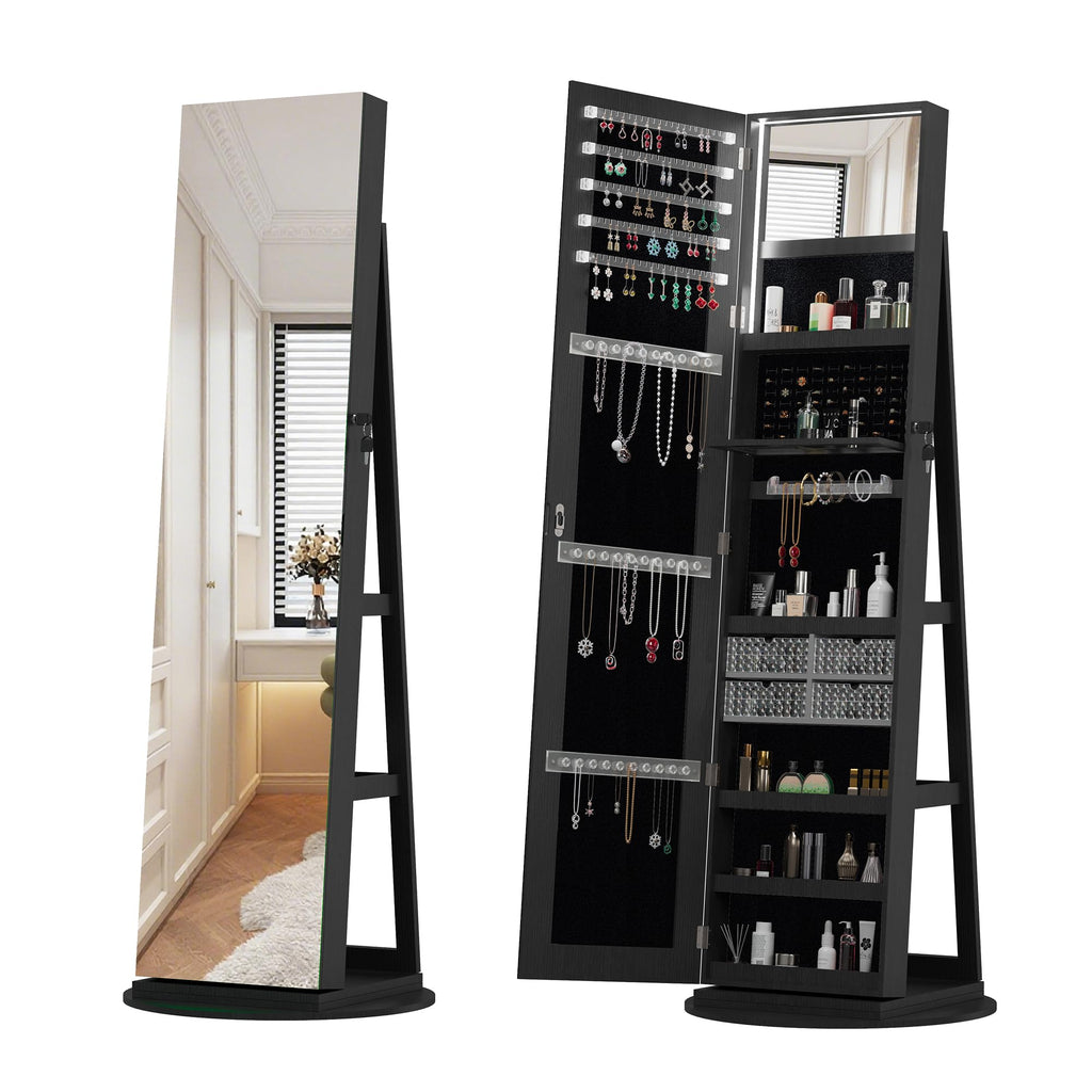 KEIKI 360°Swivel Jewelry Armoire with Full Length Mirror, 62.3" Rotating Standing Jewelry Armoire Organizer, Lockable Storage Cabinet, Interior Lighted Mirror, Black