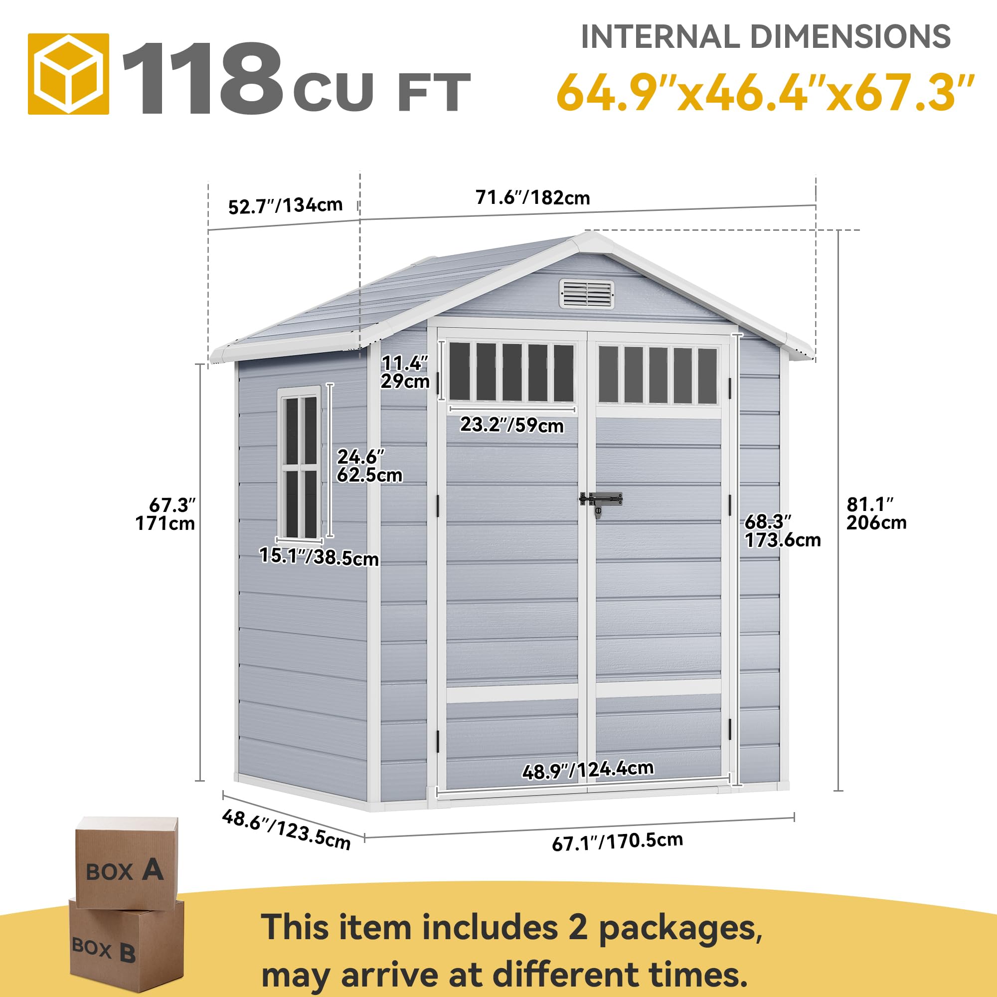 DWVO 6x4.4 FT Resin Storage Shed with Fence-Style and Side Windows, Lockable Door, and Vents for Garden, Backyard, Patio, Lawn, Gray