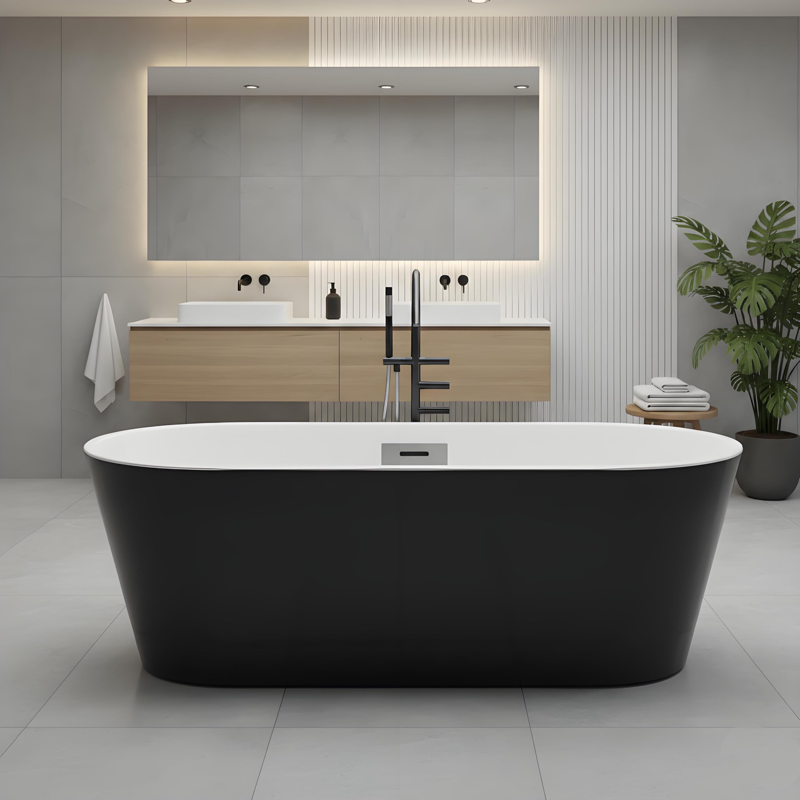 Freestanding Bathtub – Acrylic Extra Large Soaking Bathtub, 67 Inch Modern Free Standing Tub with Chrome Drain & Overflow, Black & White Freestanding Tub for Home Spa