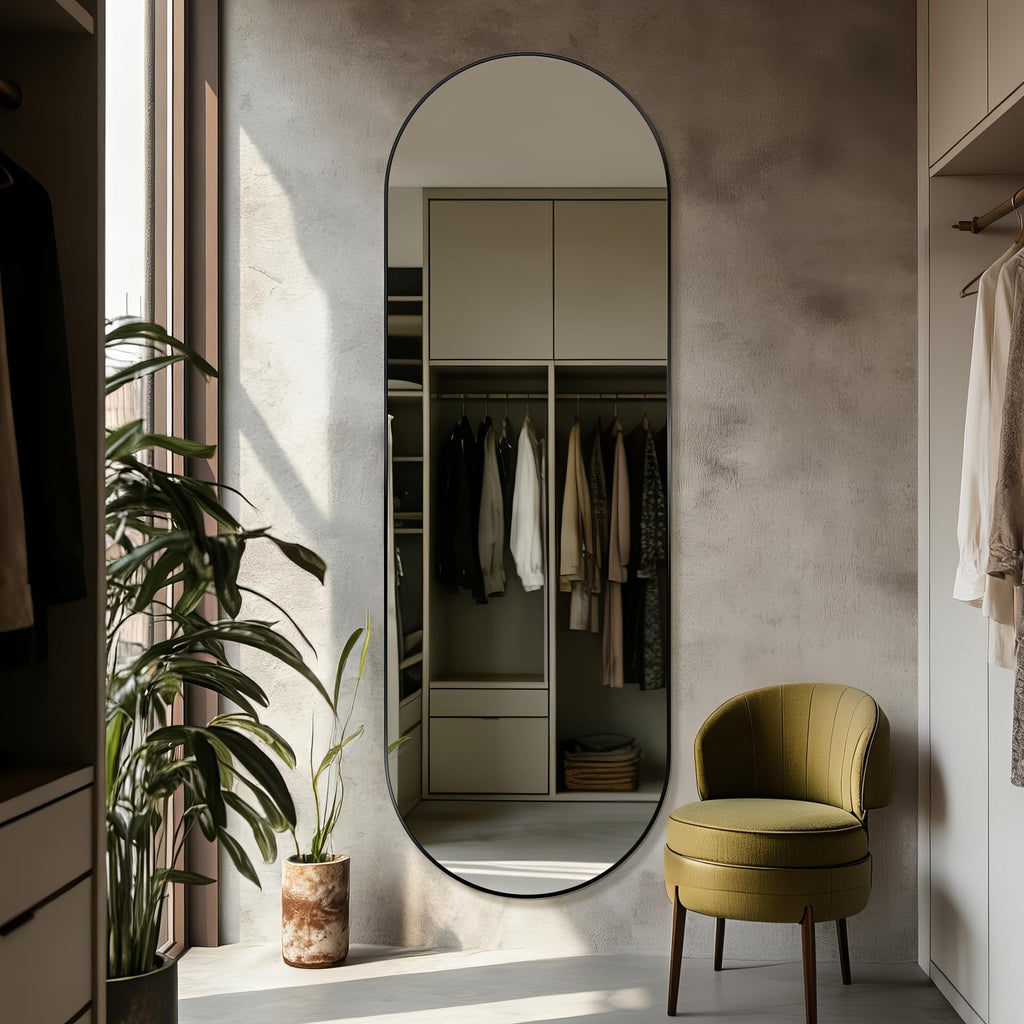 TheiaMo Oval Full Length Mirror, 71"×24" Wall-Mounted Floor Mirror with Metal Frame, Ultra-Clear Explosion-Proof Dressing Mirror, Simple and Classic Deco for Cloakroom/Bedroom/Living Room, Black